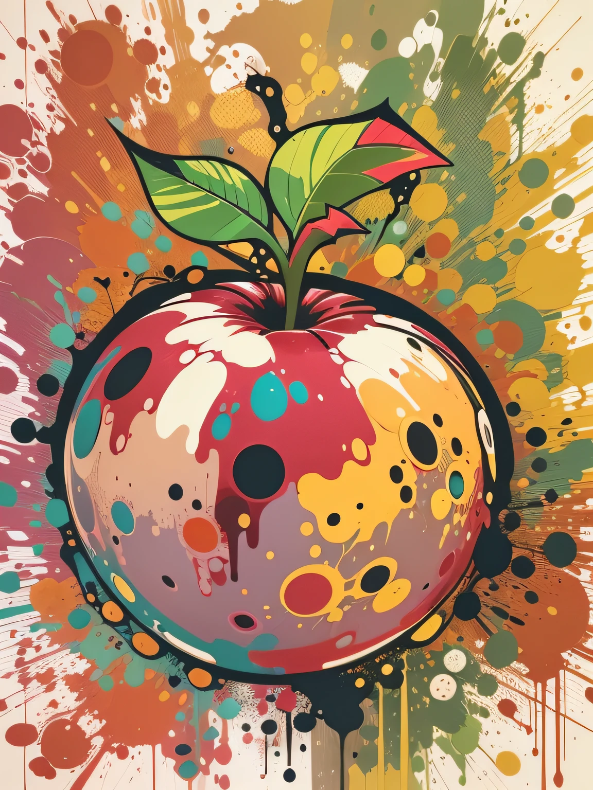 vector art, Colorful graffiti illustration juicy apple, in the center, Bright colors, paint splashes and blots, high detail, whitebackground