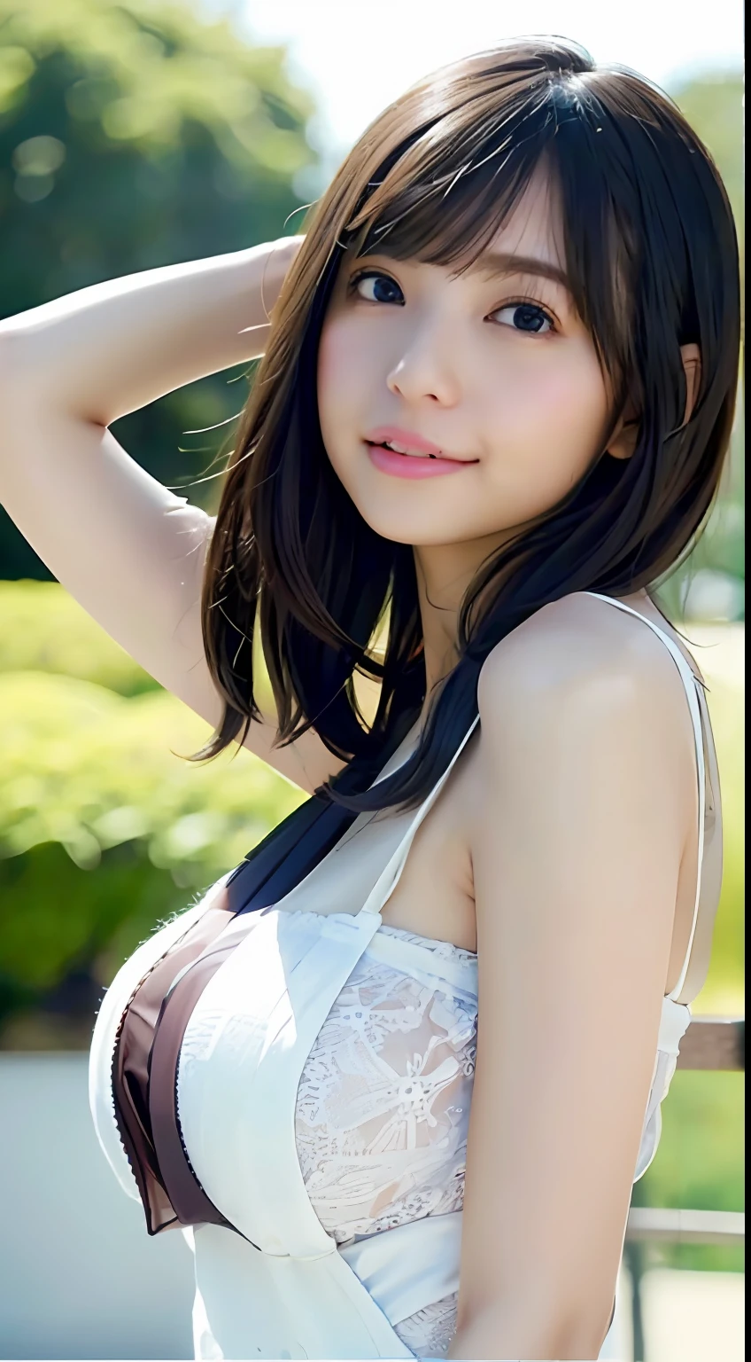 top-quality、de pele branca、Real human skin、（Detailed）、oval-face、pores、超A high resolution、（8k、RAW Photography、Photorealsitic：1.4）、女の子1人、Slimed、（A person who sees with calm and goddess-like eyes）Happiness:1.2)、(lipgloss、eye lashes、Gloss Face、top-quality、超A high resolution、Wide range of lighting、Natural shading)、shot from a side angle、huge-breasted、White camisole、full bodyesbian、Standing、turned around、Hands behind your back、Beautiful constriction、A slender、short-hair、a smile、Sareme、二重まぶた、japanes、library、a beauty girl