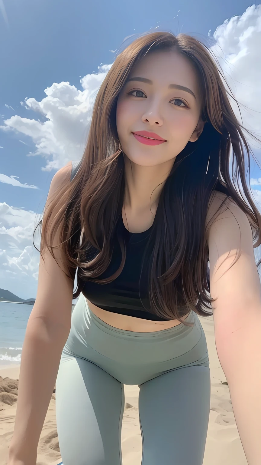 ((Best Quality, 8K, Masterpiece:1.3)), A beautiful girl, pure, melon face, gentle and cute, slightly fat, partial head, leaning forward, ((long solid color top, yoga pants)), black fluffy long hair, round black big eyes, clear big eyes, moist red lips, sweet smile, standing, blue sky and white clouds, sunshine, beach background,