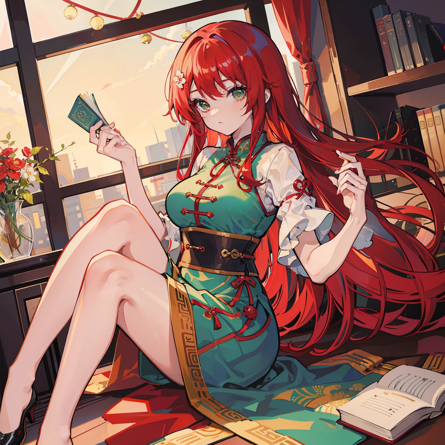 Young woman cheongsam illustration, masutepiece, Fine details, 4K, 8K, 12K, Solo, 1 person, Beautiful Girl, caucasian female, 20 years old, Red Bell,book Meirin 、Red hair, Long hair, Green cheongsam、Slit in clothes