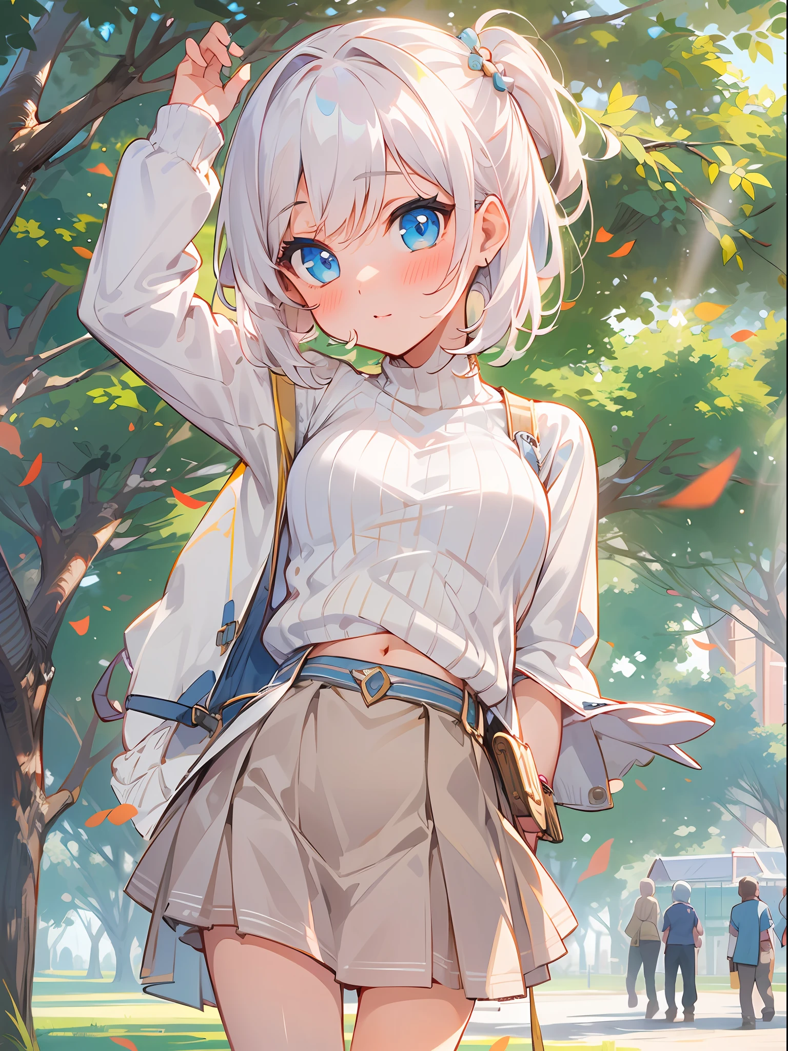girl with,White medium hair,blue eyess,Center division,knit,The stomach is visible,a miniskirt,middlebreasts,beutiful breast,sunny afternoon,a park,poneyTail,Blushing,cute little,Best Quality