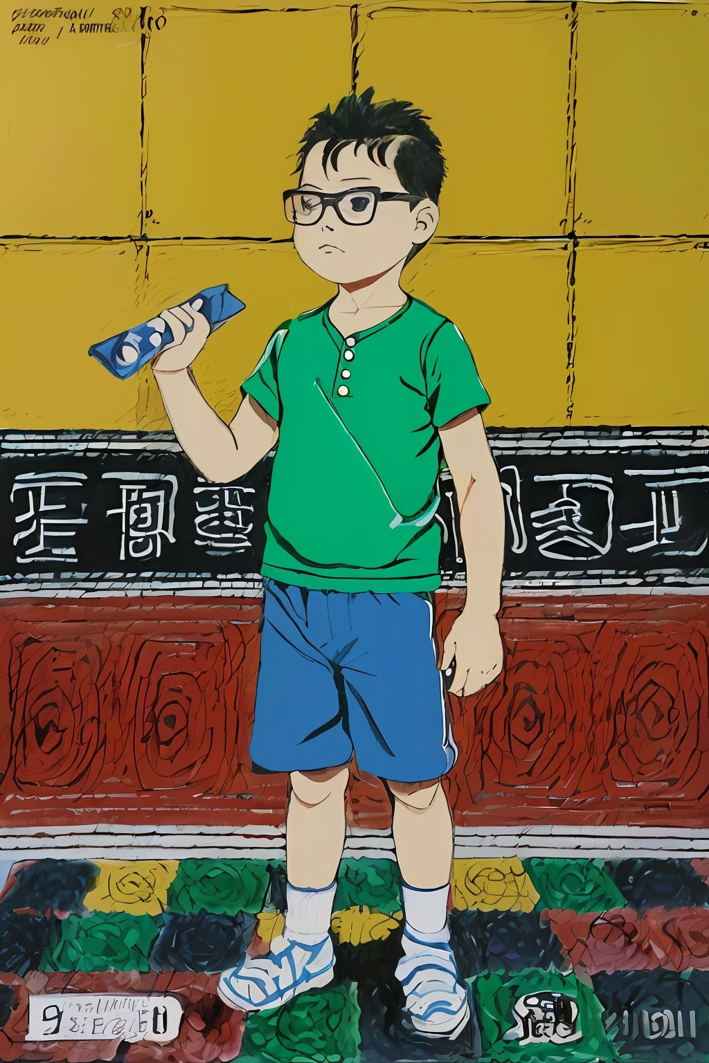 guttonervision8, (illustration:1.5) of a 3-year-old boy wearing glasses, (detalhes:1.3), (corpo inteiro:1.3), (Playing in a square:1.5), sol brilhante. (estilo desenho animado:1.5), (estilo quadrinhos dos anos 80:1.3), UHD.