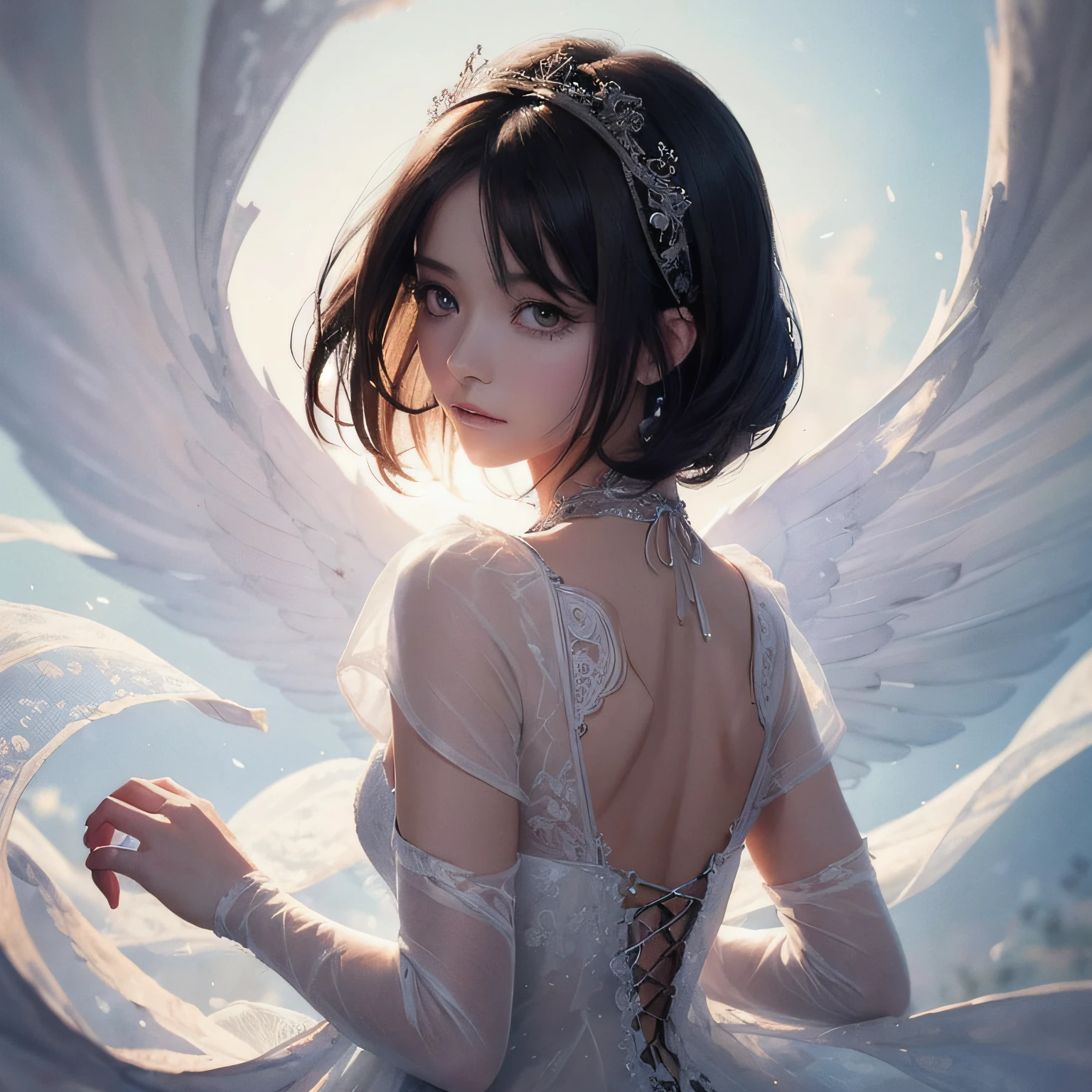Painting, Frescoes、Double helix,foam, Best Quality, masutepiece, 超A high resolution, Intricate details, Mystical、Romanesque,(Super detailed dark color anime character close-up flat illustration:1.3) (Amazing beautiful young girl:1.2) Looking back from the side, (Detailed dark brown eyes:1.2), Forehead, (Detailed neon colored bob hair:1.125) floating,Wearing a gothic layered sheer dress, See-through elegant lace suitable for a short ruffled skirt, (White background:1.1) Impacting (Bleed Watercolor Gradient:1.2), (Soft Focus, intense shadow, Lens Flare:1.15)