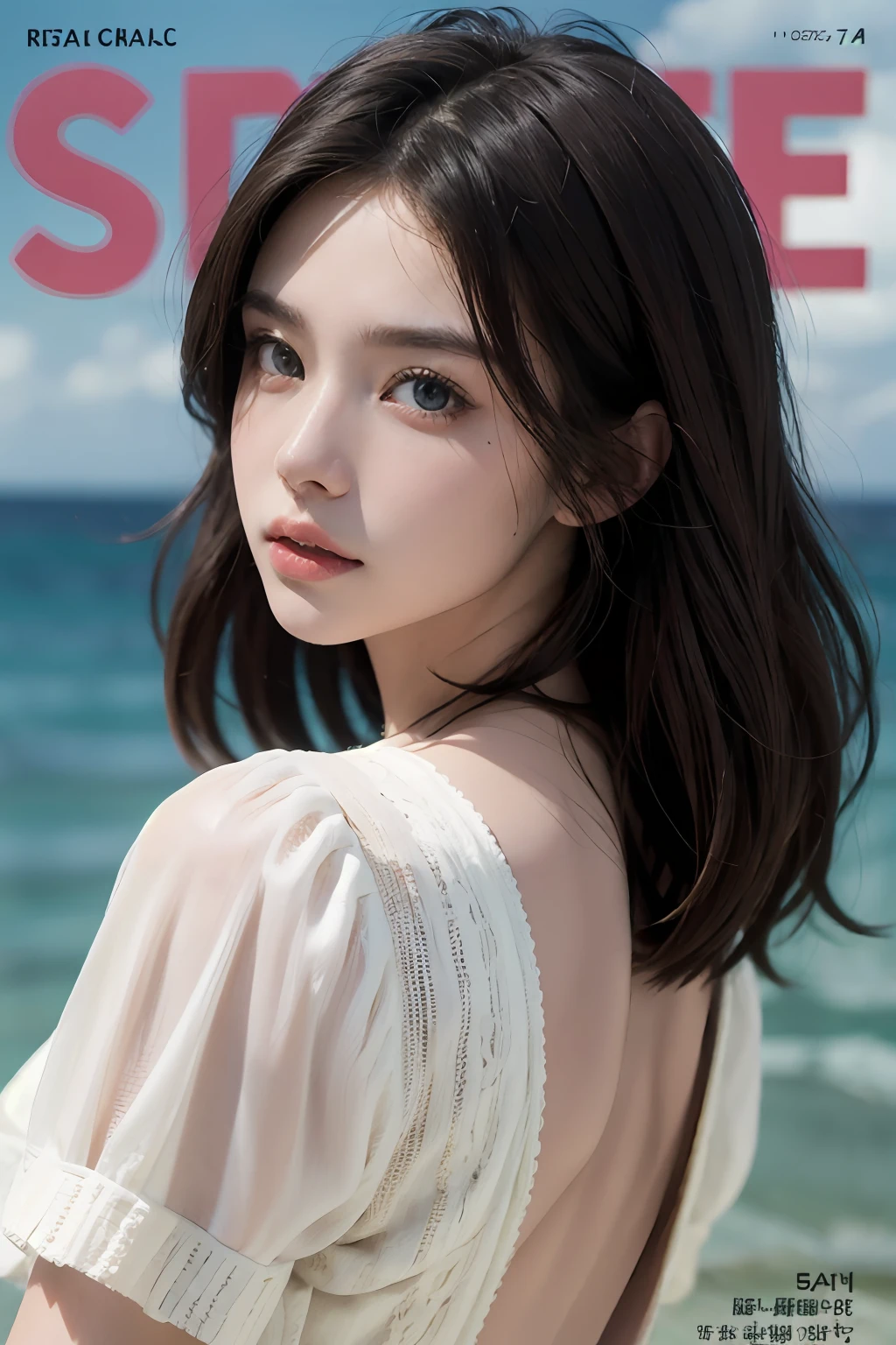"((ultra-realistic realism+Pure),eyes with brightness,White Skin Skin),High-definition image quality,Dynamic tilt,High nose,Realistic details,Unity 8k壁纸,Super fine,A masterpiece of beauty,top-quality,tidal current,Sweet and lovely,FashionMagCover,short- sleeved,Brown hair long,Back shadow,Turn Back,full bodyesbian。"