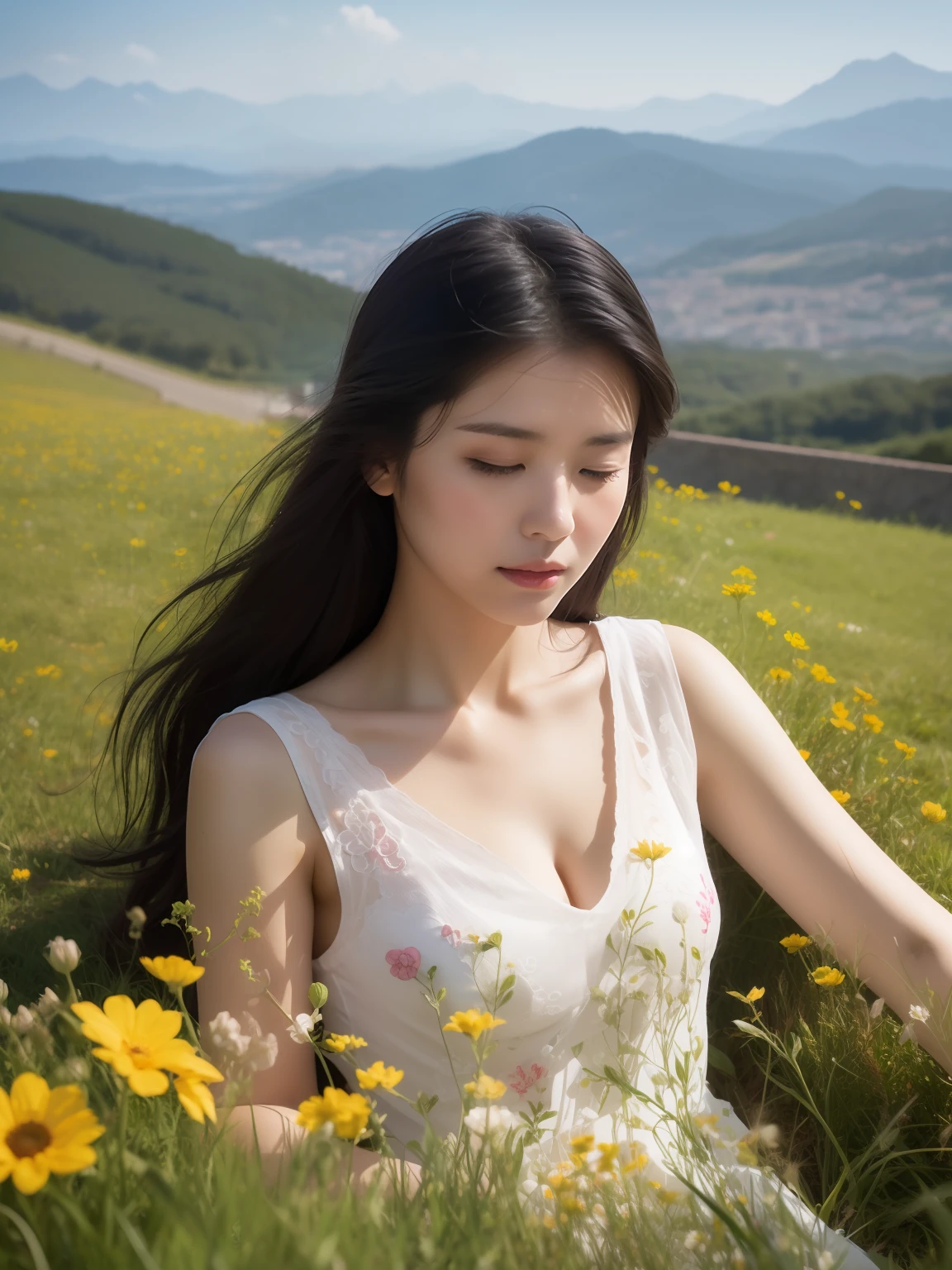 (8K, RAW photo, Best quality, Masterpiece:1.2), (Realistic, photo-realistic:1.37),1 girl, japanaese girl，Full body photo, Black hair, Flowing hair, Hazy beauty, Extremely beautiful facial features, White embroidered dress, Hairpin on the head, Lie in the flowers, Hand dragging chin, Perfect hand, flor branca, (Spring, rainy days, terraced, Mountains), Simple vector art, Contemporary Chinese art, Soft light, Tangled scarves, High-altitude overlooking