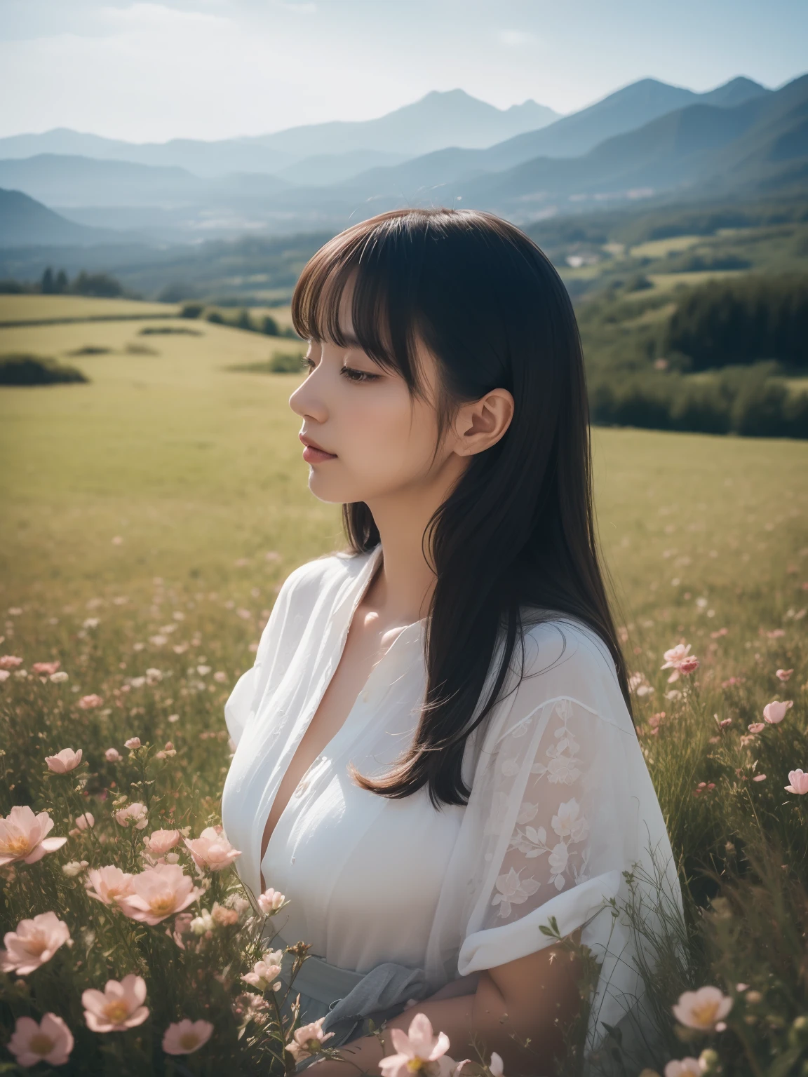 (8K, RAW photo, Best quality, Masterpiece:1.2), (Realistic, photo-realistic:1.37),1 girl, japanaese girl，Full body photo, Black hair, Flowing hair, Hazy beauty, Extremely beautiful facial features, White embroidered dress, Hairpin on the head, Lie in the flowers, Hand dragging chin, Perfect hand, flor branca, (Spring, rainy days, terraced, Mountains), Simple vector art, Contemporary Chinese art, Soft light, Tangled scarves, High-altitude overlooking
