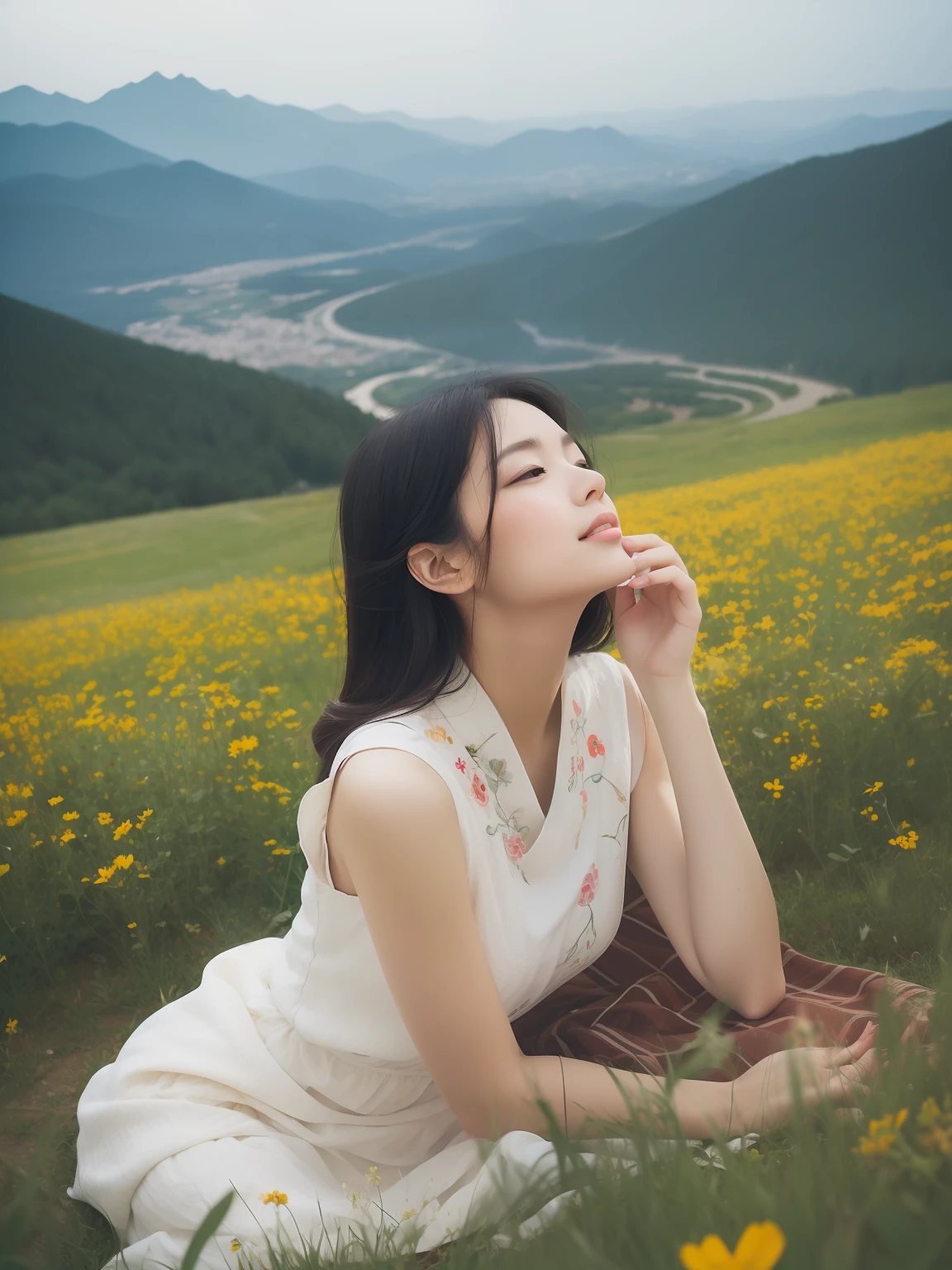 (8K, RAW photo, Best quality, Masterpiece:1.2), (Realistic, photo-realistic:1.37),1 girl, japanaese girl,Full body photo, Black hair, Flowing hair, Hazy beauty, Extremely beautiful facial features, White embroidered dress, Hairpin on the head, Lie in the flowers, Hand dragging chin, Perfect hand, flor branca, (Spring, rainy days, terraced, Mountains), Simple vector art, Contemporary Chinese art, Soft light, Tangled scarves, High-altitude overlooking