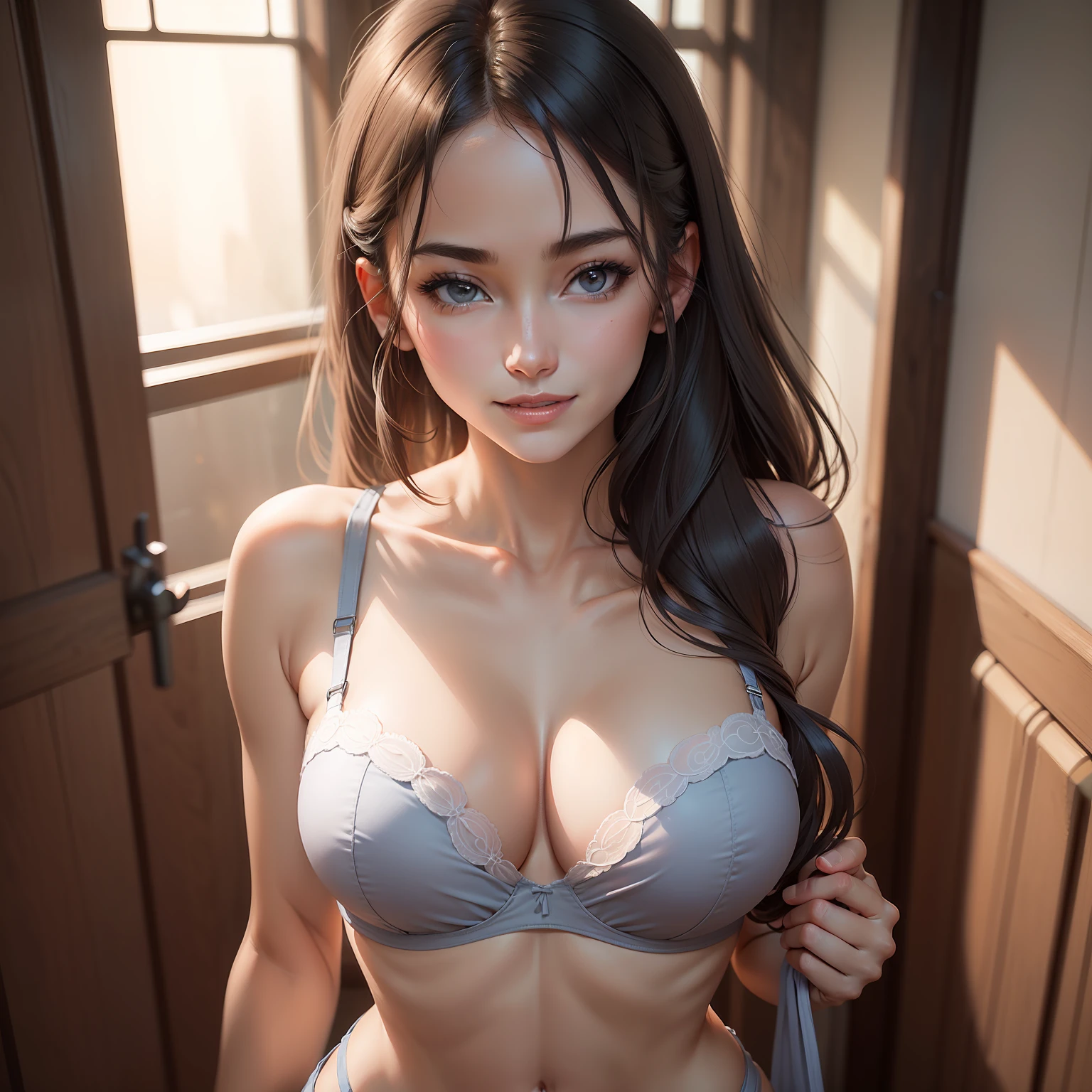 Highest Quality, Ultra-high resolution, Delicate skin, Ultra-detailed, Gentle and beautiful woman, Half-length photo, Exquisite and sexy collarbone, charming oval face, Double eyelids, Smart peach blossom eyes, Pink lips, small nose, Fragrance Shoulder, Focus on Face, Face Close-up, Ultra-high definition, Super Details, Elegant standing position, Grey Blue High Value Cross Beautiful Back Underwear Small Breast Push-ups Sexy Breast Adjustment Bra Set For Women Without Rims,Japanese anime,comic strip,a smile,Versatile poses,Diverse backgrounds,Sexy underwear black