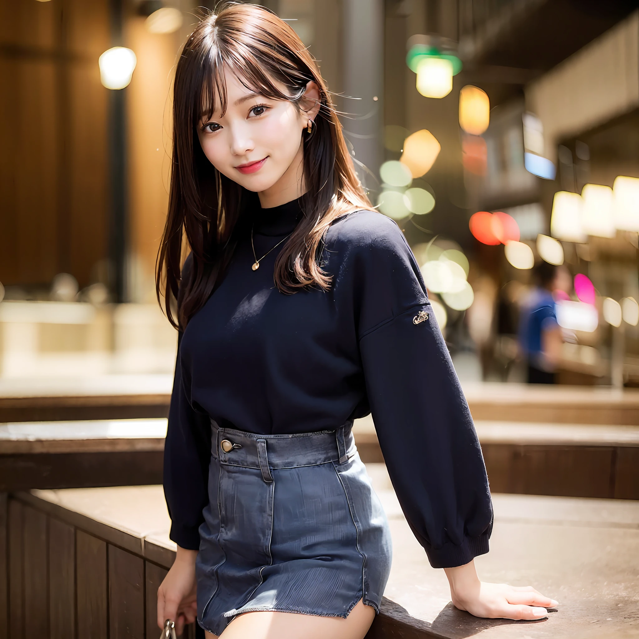 {“query”: “a person”}、((Realistic lighting、top-quality、in 8K、​masterpiece:1.3))、 Focus:1.2、 ((One lady))、 Age is 24 years、 Perfect figure:1.4、 Slim abs:1.1、 ((dark brown hair))、 (Dark blue jacket)、 (Dark blue skirt)、 (White shirt)、 (outside of house、Daytime:1.1)、 (Super smile)
