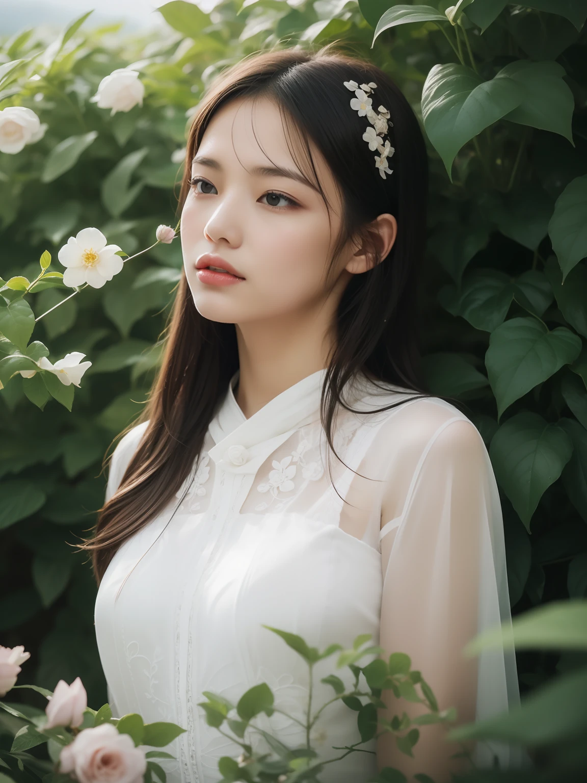 Korean girls,(8k, RAW photo, best quality, masterpiece:1.2), (realistic, photo-realistic:1.37),1 girl, full body photo, black hair, flowing hair, hazy beauty, extremely beautiful facial features, white embroidered dress, hairpins on her head, lying in a flower bush, hand dragging chin, perfect hand, white flower, (spring, rainy day, terraces, mountains), simple vector art, contemporary Chinese art, soft light, entangled scarf, overlook