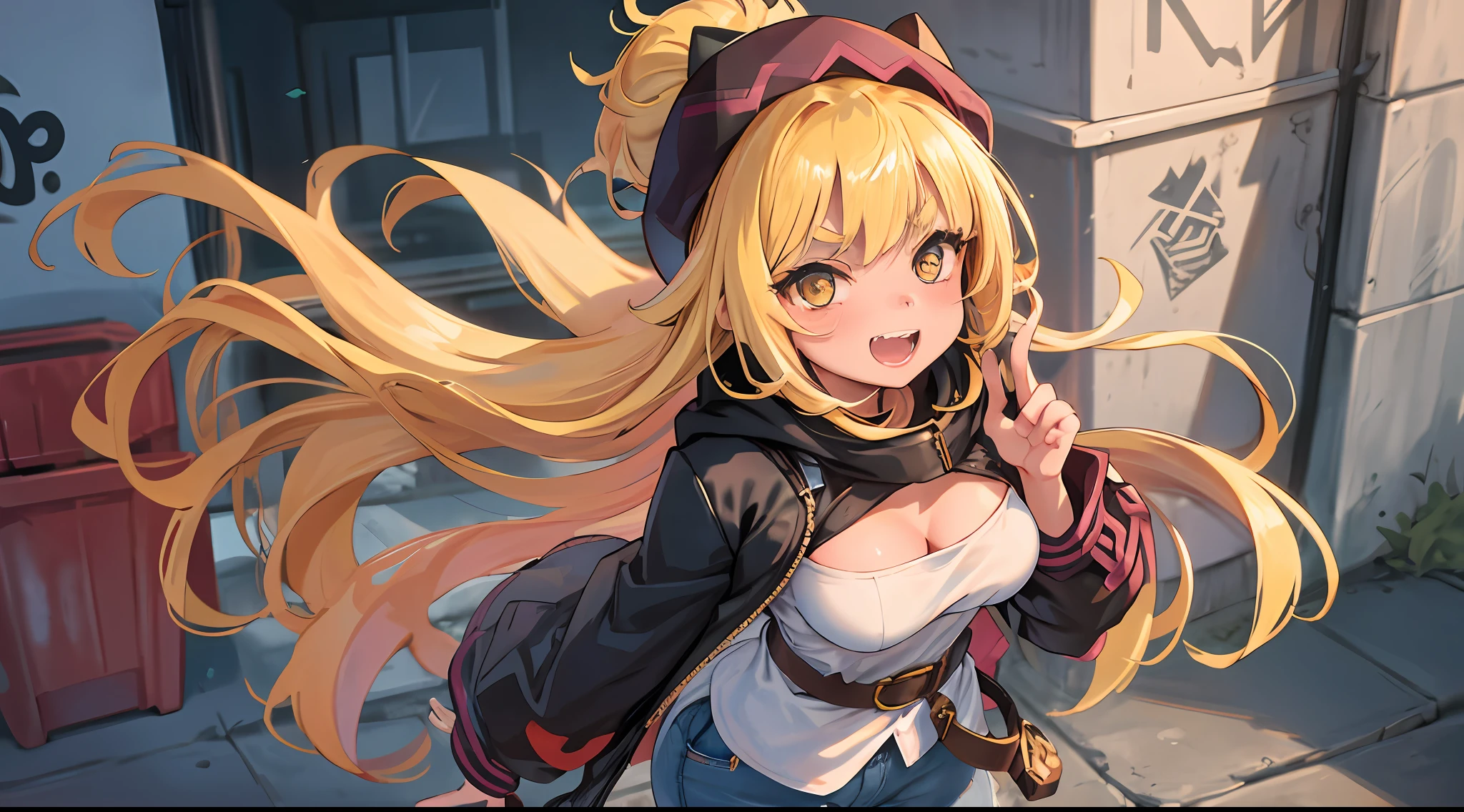 Original Character, Volumetric Lighting, Best Shadows, Shallow Depth of Field, Portrait Of Stunningly Beautiful Girl, Petite, Delicate Beautiful Attractive Face With Alluring Yellow Eyes, Sharp Eyebrows, Broadly Smiling, Open Mouth, Fangs Out, Lovely Medium Breasts, Blush Eyeshadow, Thick Eyelashes, Applejack Hat, Oversized Pop Jacket, Slim Waist, Denim Jeans Pants, With Buckle Belt, In The Graffiti Alley, Waste Container, Outside Stairs, Outdoor Unit, Standing, (Highest Quality, Amazing Details:1.25), (Solo:1.3)