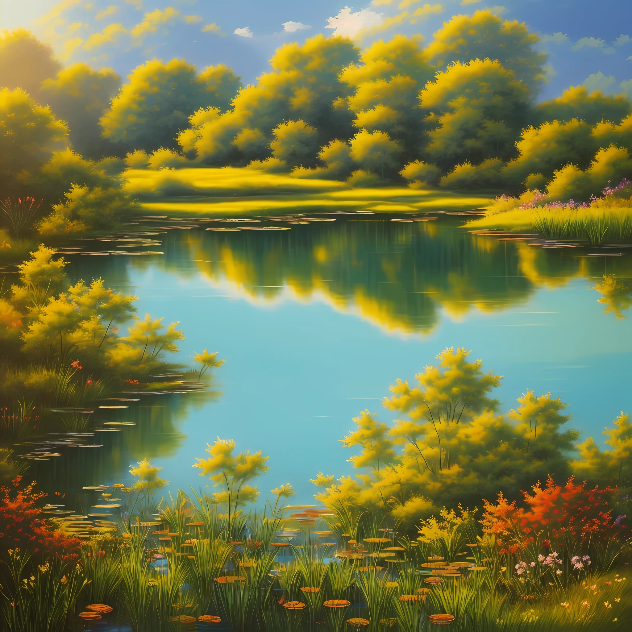 a drawing that looks like sunlight hitting a pond, in the style of neo-geo, realistic color schemes, pastoral scenes, painted illustrations, uhd image, lovely, ferrania p30