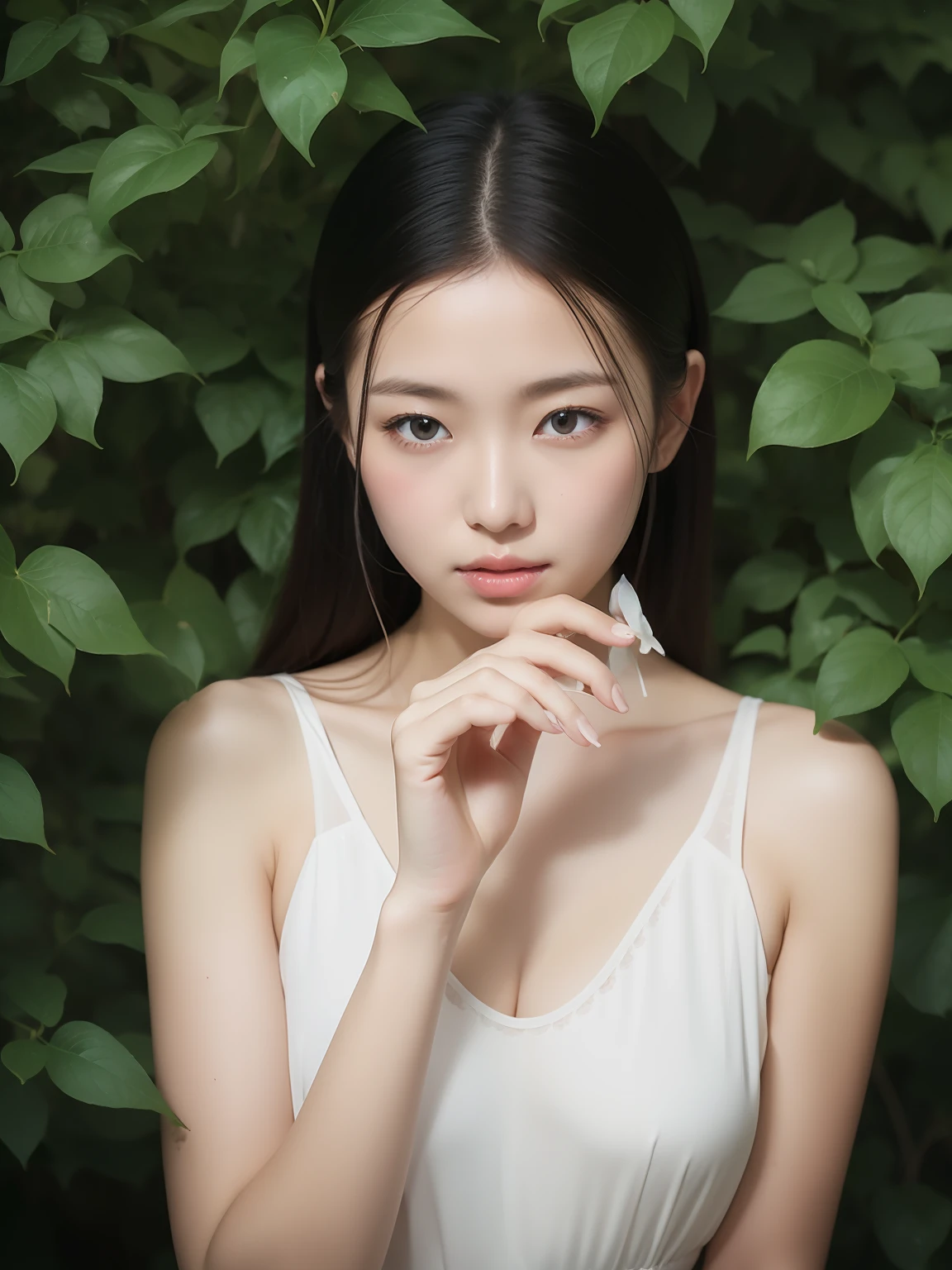Korean girls,(8k, RAW photo, best quality, masterpiece:1.2), (realistic, photo-realistic:1.37),1 girl, full body photo, black hair, flowing hair, hazy beauty, extremely beautiful facial features, white embroidered dress, hairpins on her head, lying in a flower bush, hand dragging chin, perfect hand, white flower, (spring, rainy day, terraces, mountains), simple vector art, contemporary Chinese art, soft light, entangled scarf, overlook