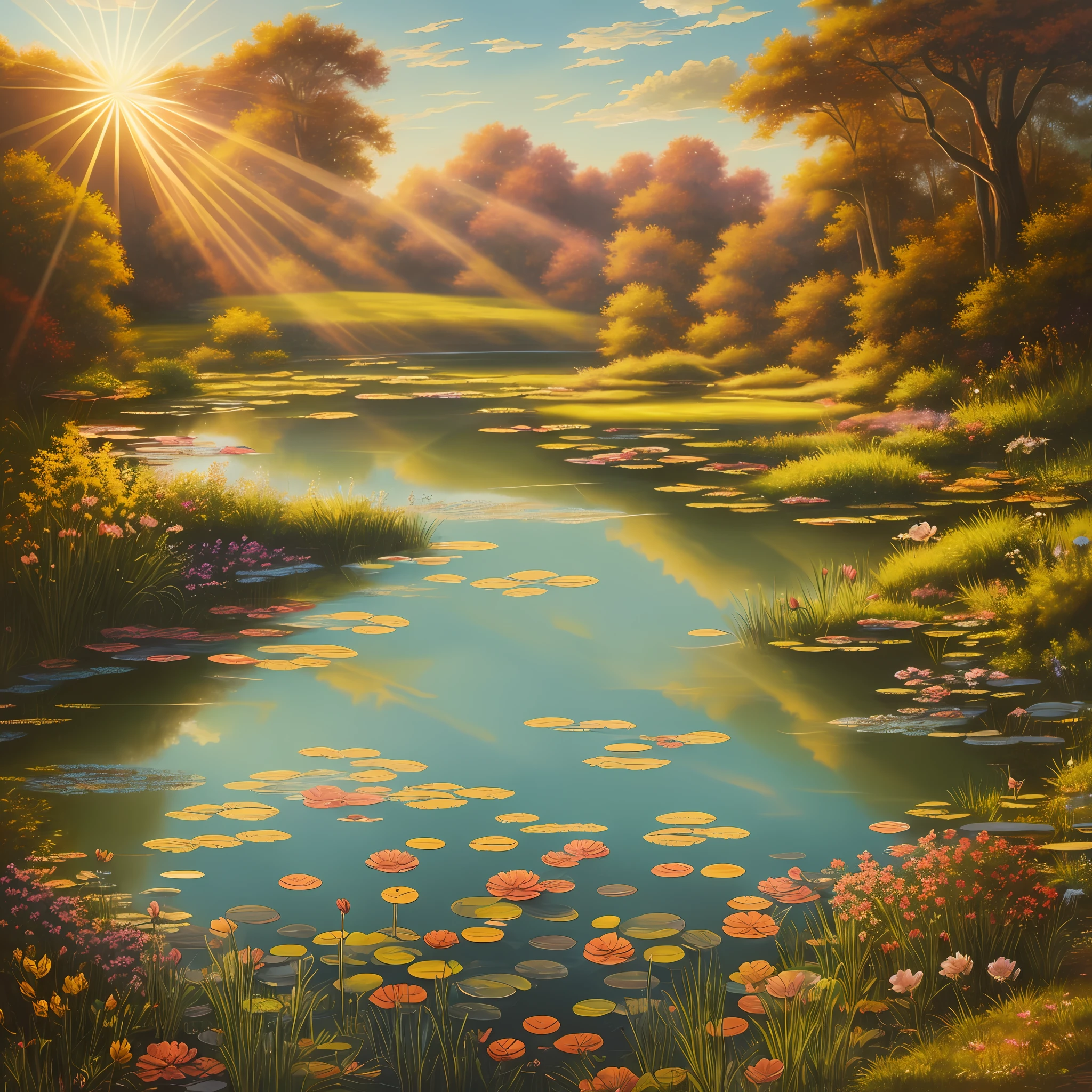 a drawing that looks like sunlight hitting a pond, in the style of neo-geo, realistic color schemes, pastoral scenes, painted illustrations, uhd image, lovely, ferrania p30
