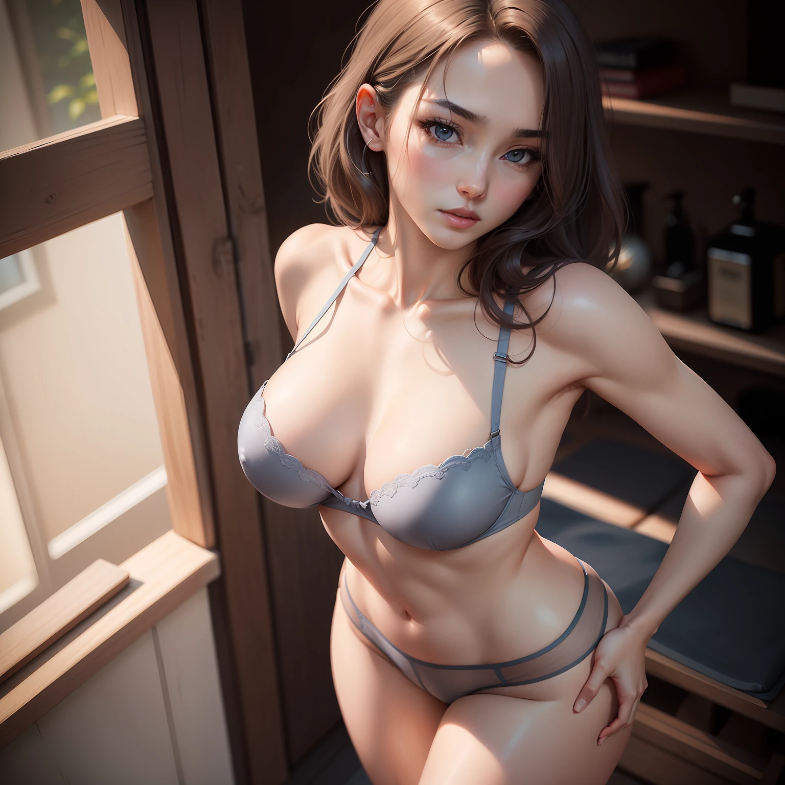 Highest Quality, Ultra-high resolution, Delicate skin, Ultra-detailed, Gentle and beautiful woman, Half-length photo, Exquisite and sexy collarbone, charming oval face, Double eyelids, Smart peach blossom eyes, Pink lips, small nose, Fragrance Shoulder, Focus on Face, Face Close-up, Ultra-high definition, Super Details, Elegant standing position, Grey Blue High Value Cross Beautiful Back Underwear Small Breast Push-ups Sexy Breast Adjustment Bra Set For Women Without Rims,Japanese anime,comic strip,A look of shame,Versatile poses,Diverse backgrounds,Sexy underwear red