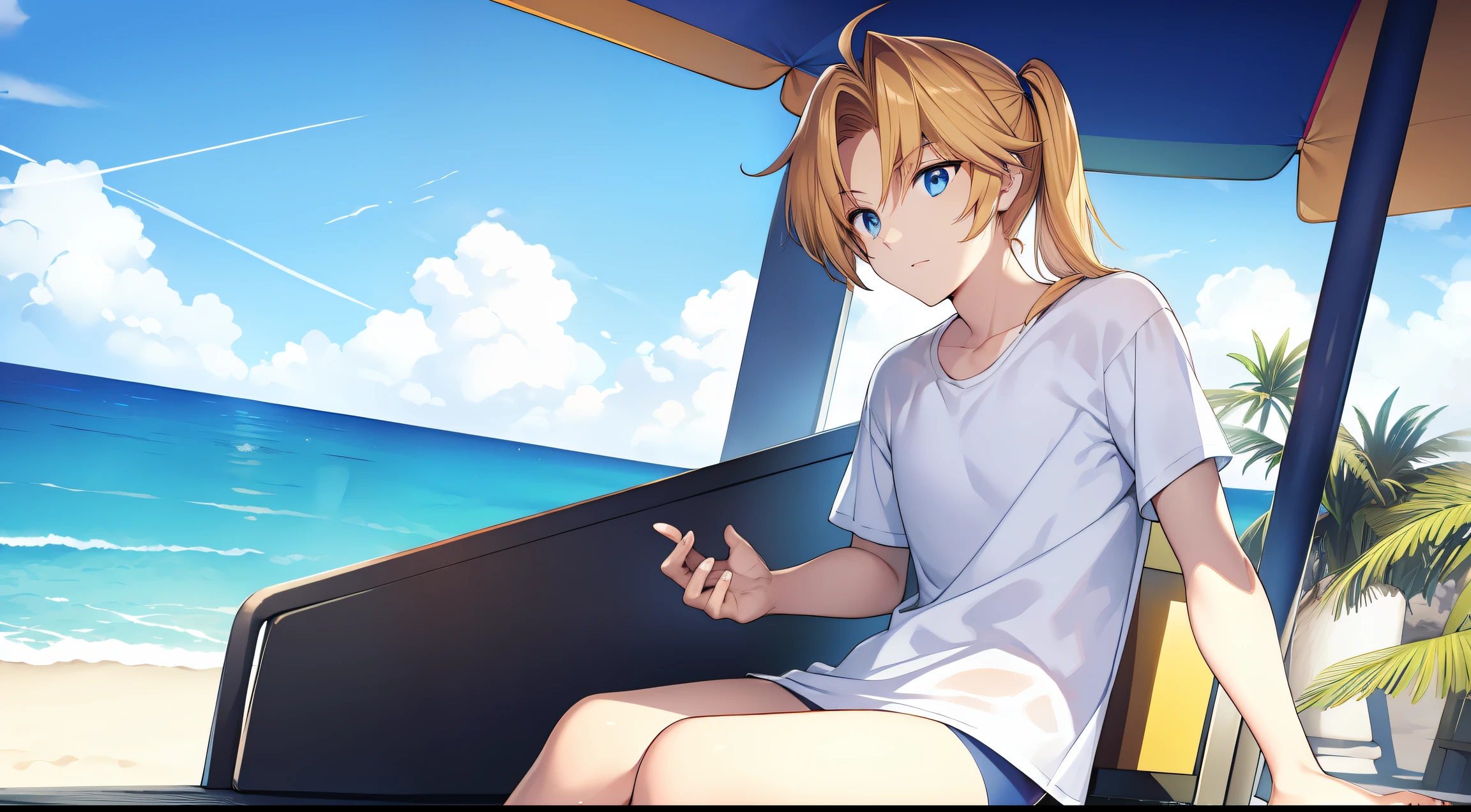 1man,Golden hair,pony tails,blue color eyes,beachside,swim wears,No bra,Sitting