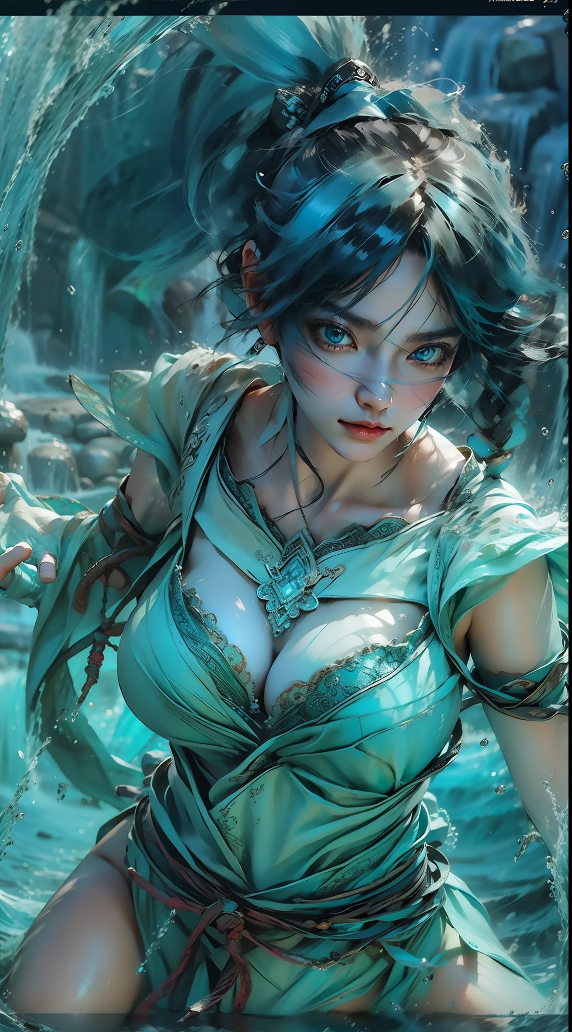tmasterpiece,HighestQuali,Imperial water style,one-girl,Wearing cyan costume clothes,Black high ponytail,Fighting posture,closeup cleavage,Waterfall in the background