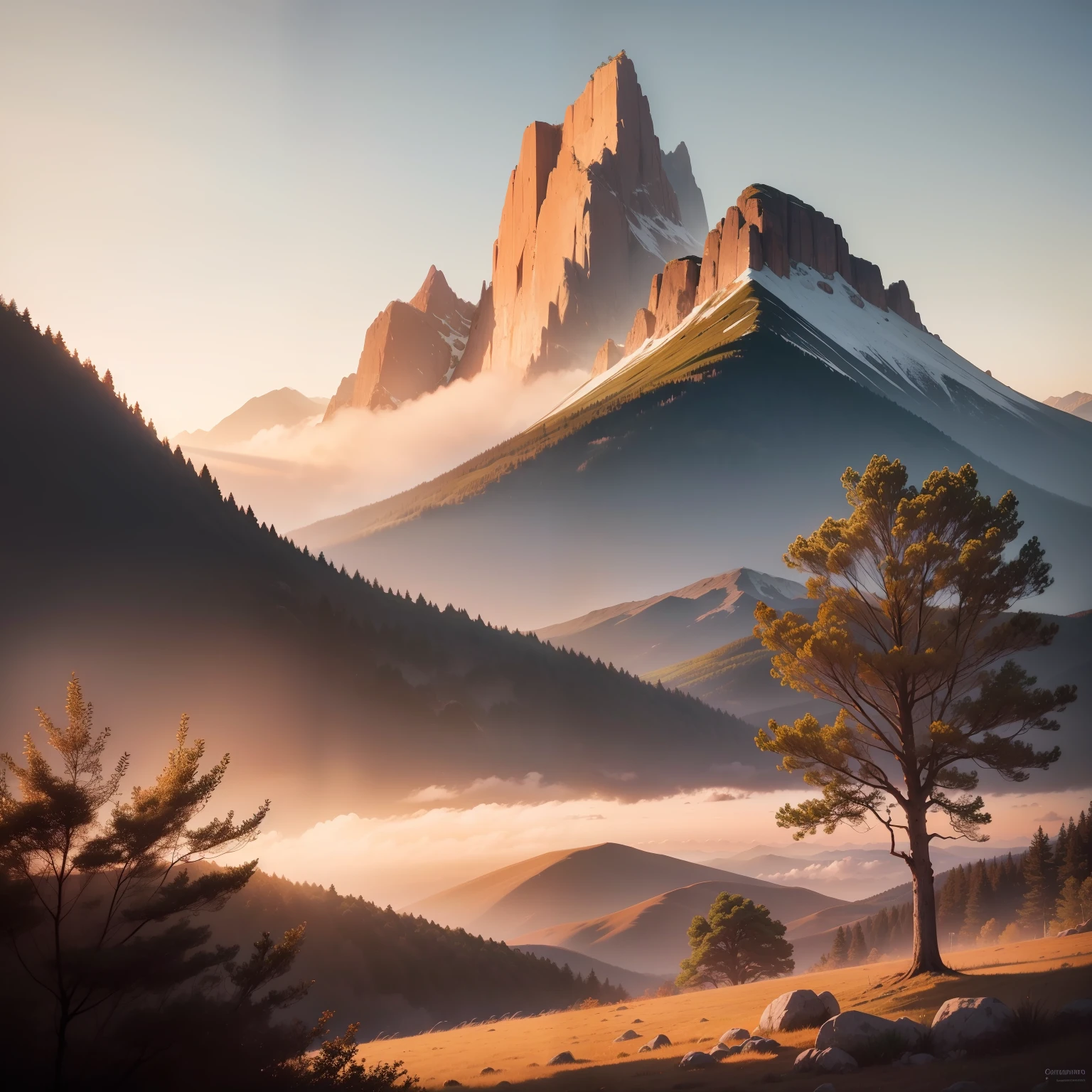 A imagem mostra um nascer do sol espetacular sobre um horizonte sereno. The sky presents a variety of soft and comforting tones, como rosa, laranja e amarelo. O sol emerge majestosamente, iluminando as nuvens ao redor com um brilho dourado. The landscape below is shrouded in a soft morning light, and trees and mountains are present in the distance. The image conveys a sense of renewal, Hope and promise of a new day full of possibilities and opportunities.