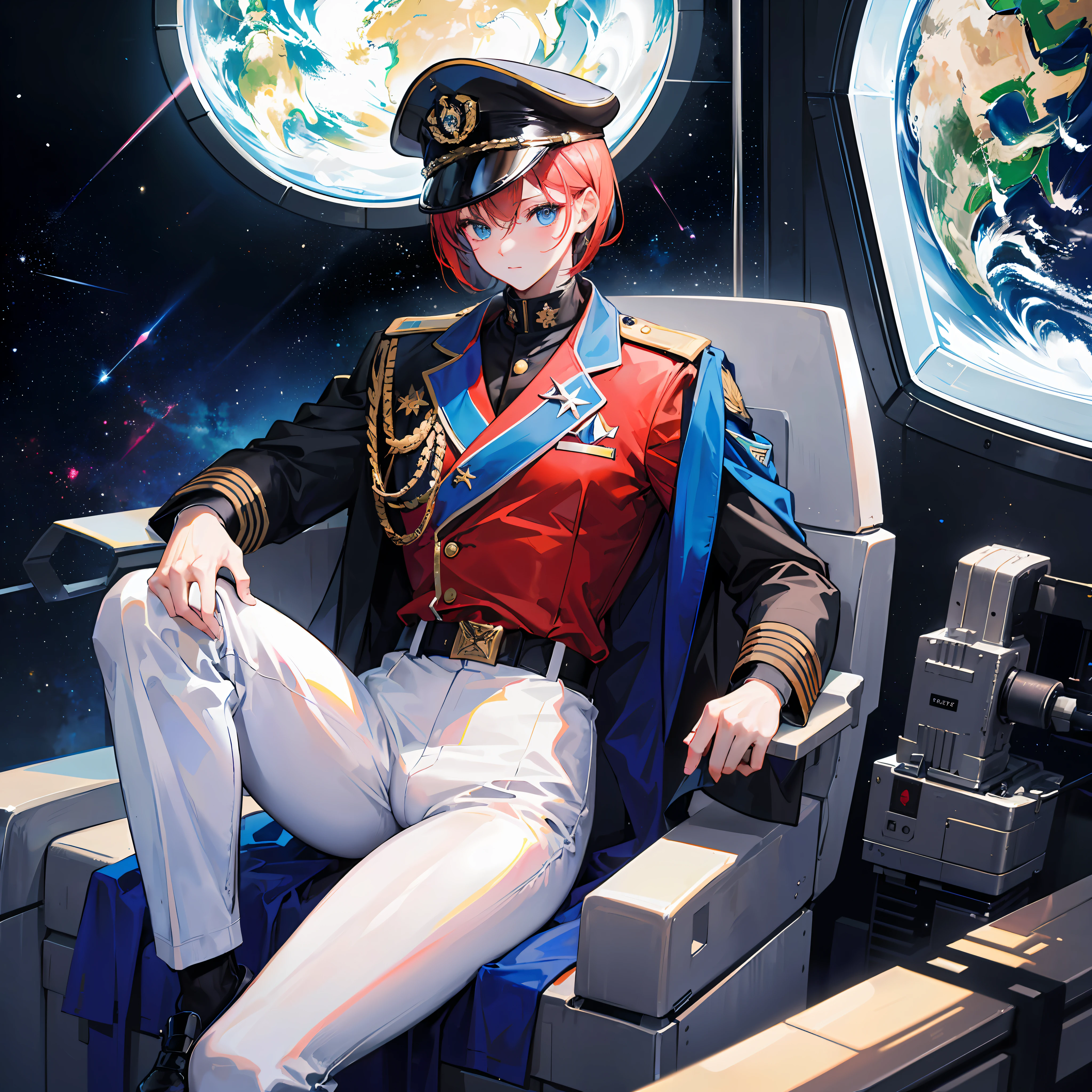 ((Masterpiece)), ((Highest Image Quality)), ((Best Quality)), (Illustration of One Girl), Full Body, 25 Years Old, Short Red Hair, (Thin Hair on Both Sides of Face), Blue Eyes, (((Tall)), ((Muscular Strong Body)), ((Manspreading)), Open Legs, (((Military Uniform)), (Military Hat)), (Military Coat)), (White Clothes), (White Pants), (White Hat), Trench Coat, ((Inside the spaceship, sitting in the captain's seat)), (outside the window, space, Earth seen from space, spaceport)