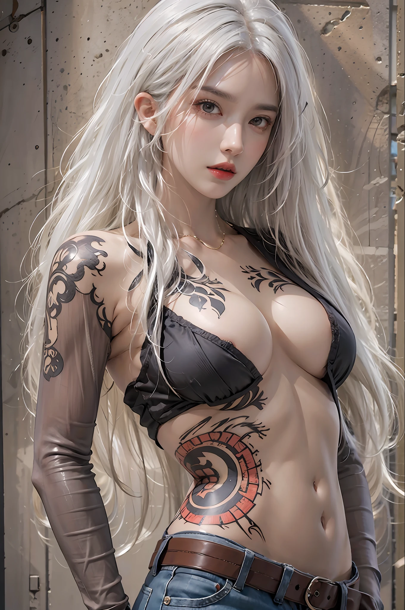 photorealistic, high resolution, 1women, solo, hips up, look at viewer, (detailed face), white hair, long hair, medium breasts, Stomach tattoos
