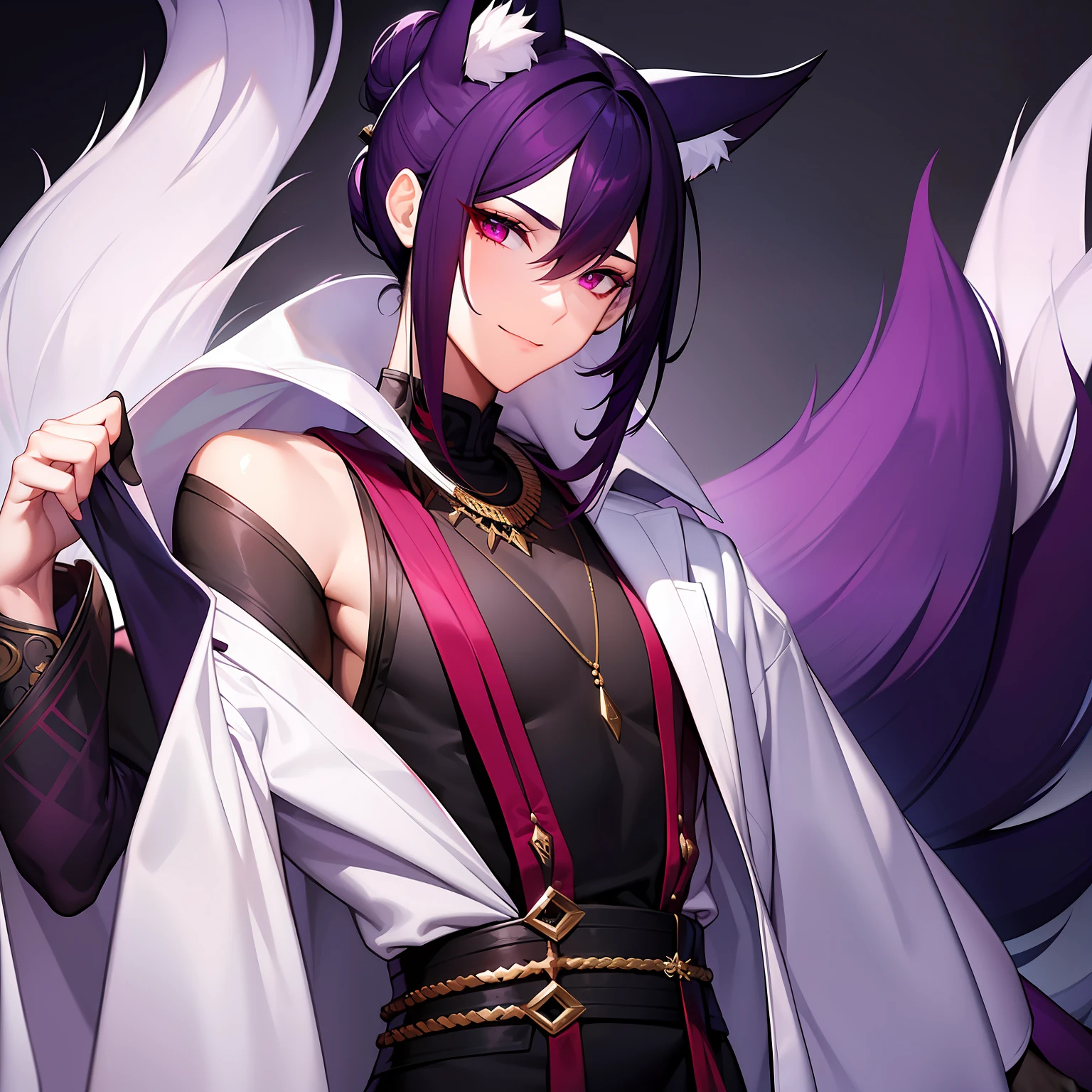 A young guy, cute facial features, dark purple hair gathered in a low bun, faded red eyes, white strict clothes with free light sleeves with lots of jewelry, long black gloves, fox ears and tail, calm gentle smile