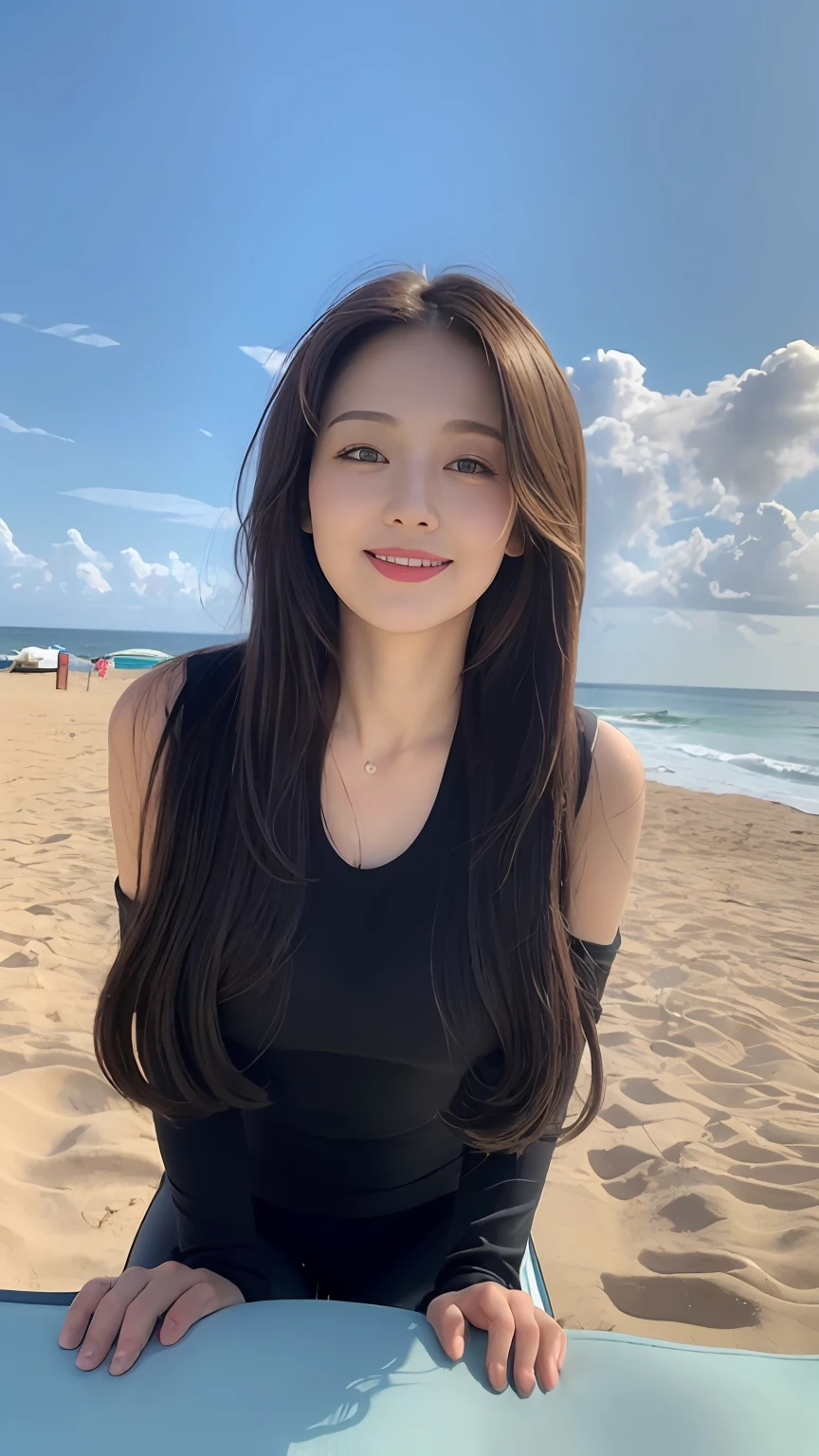 ((Best Quality, 8K, Masterpiece:1.3)), A beautiful girl, pure, melon face, gentle and cute, slightly fat, partial head, leaning forward, ((long solid color top, yoga pants)), black fluffy long hair, round black big eyes, clear big eyes, moist red lips, sweet smile, standing, blue sky and white clouds, sunshine, beach background,