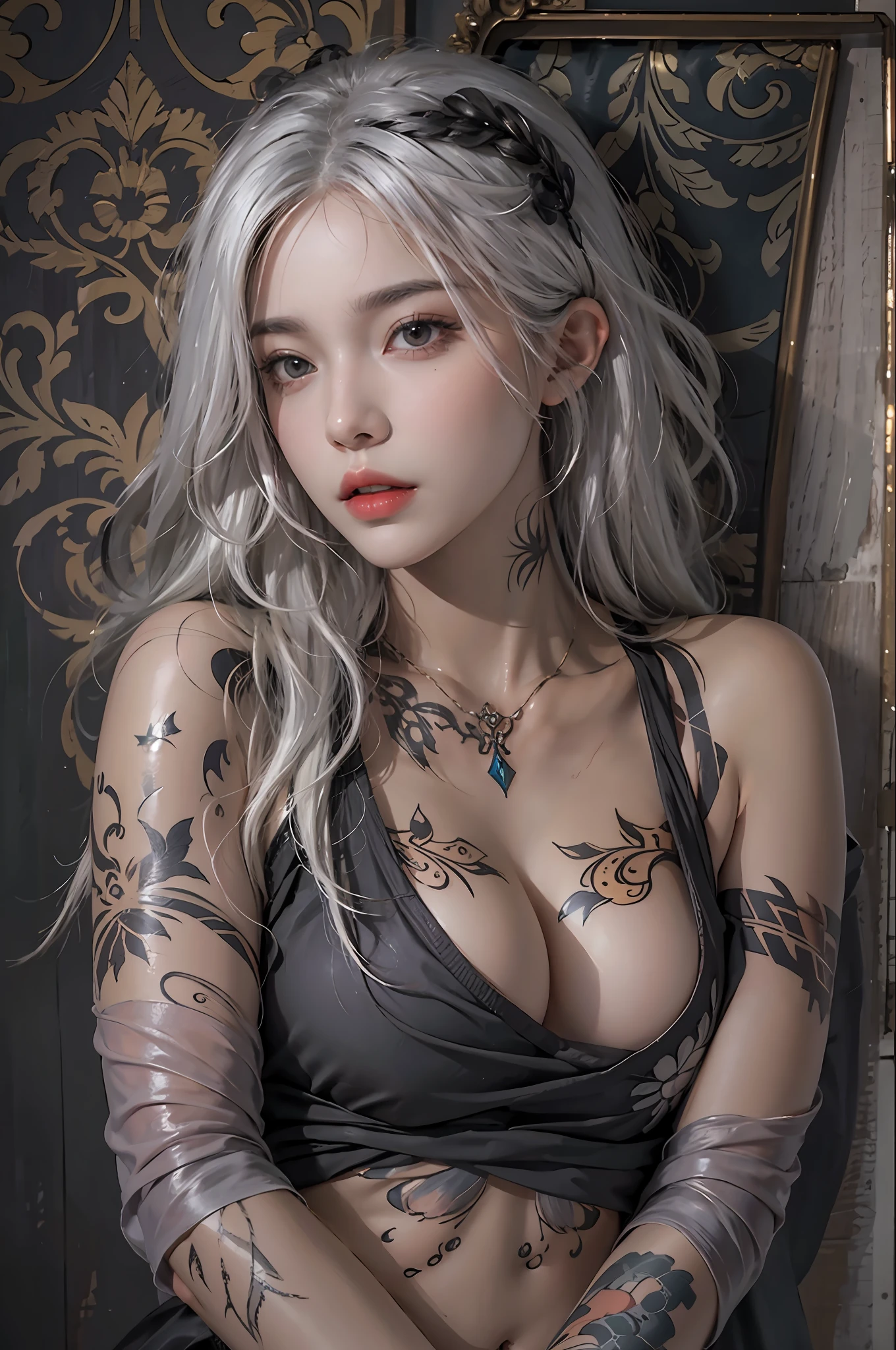 photorealistic, high resolution, 1women, solo, hips up, look at viewer, (detailed face), white hair, long hair, medium breasts, Stomach tattoos