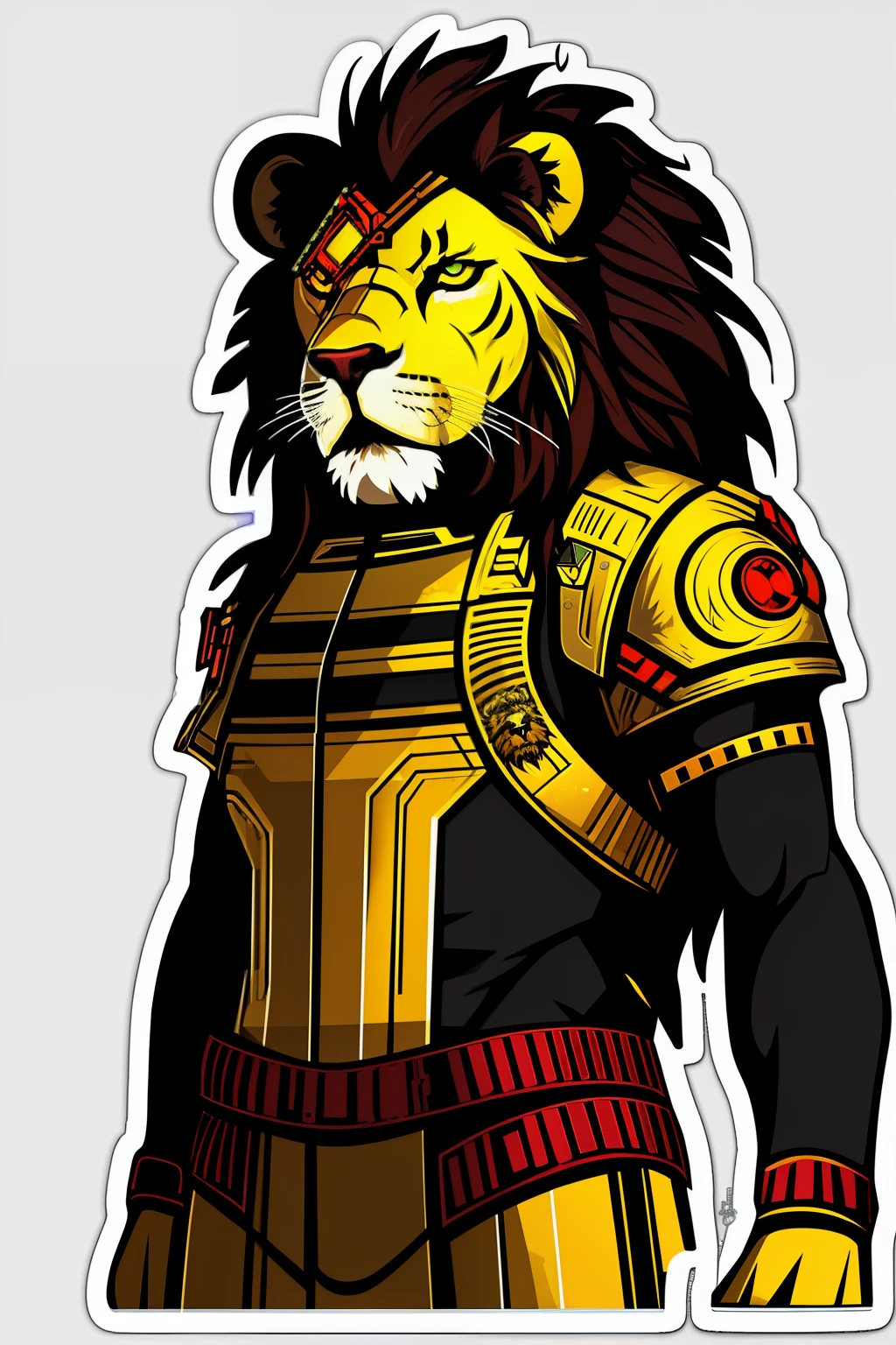 ((stickers)),white background,simple background,concept art,sots art, Cyberpunk lion, anthro lion in Cyberpunk clothing, cinematic lighting
