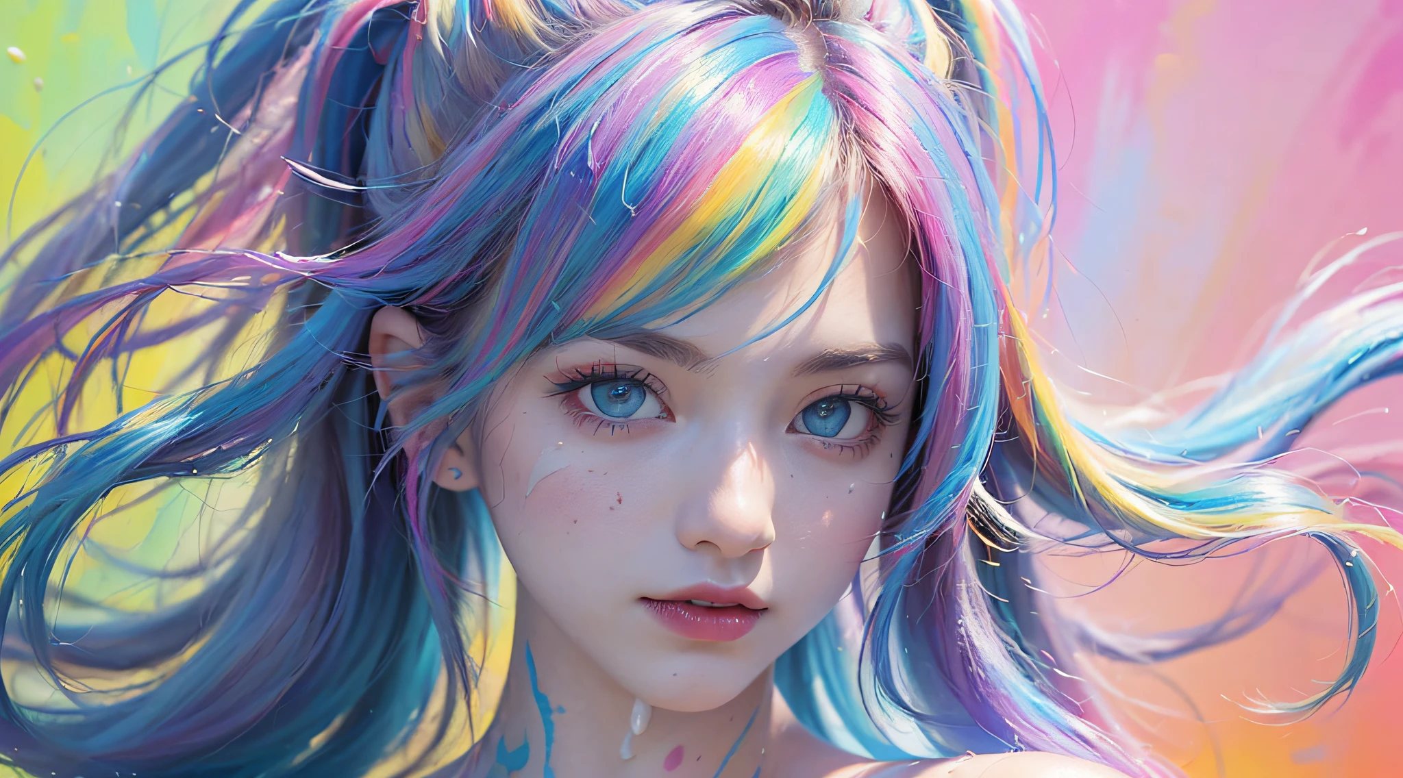 (Pink Fashion T-shirt:1.9),(Colorful hair: 1.8), (all the colours of the rainbow: 1.8),(((((vertical painting:1.6))), (painting:1.6),front, comics, illustrations, paintings, large eyes, crystal clear eyes,( rainbow color gradient high ponytail:1.7), exquisite makeup, closed mouth,(Small Fresh: 1.5),(Wipe Chest: 1.6) ,long eyelashes, white off shoulder T-shirt, White Shoulder Shirt,looking at the audience, large watery eyes, (rainbow colored hair:1.6), color splash, (solo:1.8), color splash, color explosion, thick paint style, messy lines, ((shining)),(colorful), (colorful), (colorful), colorful, Thick Paint Style, (Splash) (Color Splash), Vertical Painting, Upper Body, Paint Splash, Acrylic Pigment, Gradient, Paint, Highest Image Quality, Highest Quality, Masterpiece, Solo, Depth of Field, Face Paint, colorful clothes, (Elegant: 1.2), gorgeous,long hair, wind, (Elegant: 1.3), (Petals: 1.4),(((masterpiece))),(((best quality))),((ultra-detailed)),(illustration),(dynamic angle),((floating)),(paint),((disheveled hair)),(solo),(1girl) , (((detailed anima face))),((beautiful detailed face)),collar,bare shoulders,white hair, ((colorful hair)),((streaked hair)),beautiful detailed eyes,(Gradient color eyes),(((colorful eyes))),(((colorful background))),(((high saturation))),(((surrounded by colorful splashes))),