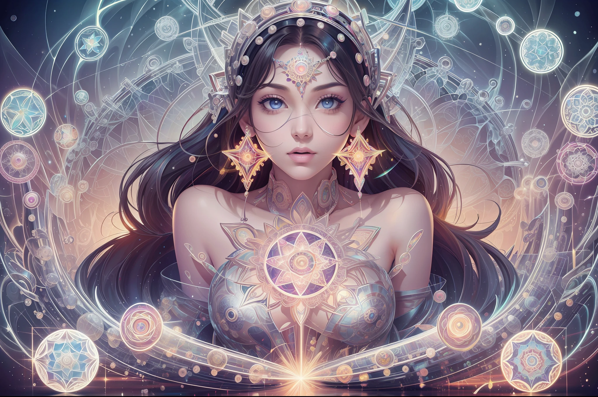 Create art similar to those of the artist Alex Grey, energy, mandalas, Sensual woman, a lot of saturation in the colors