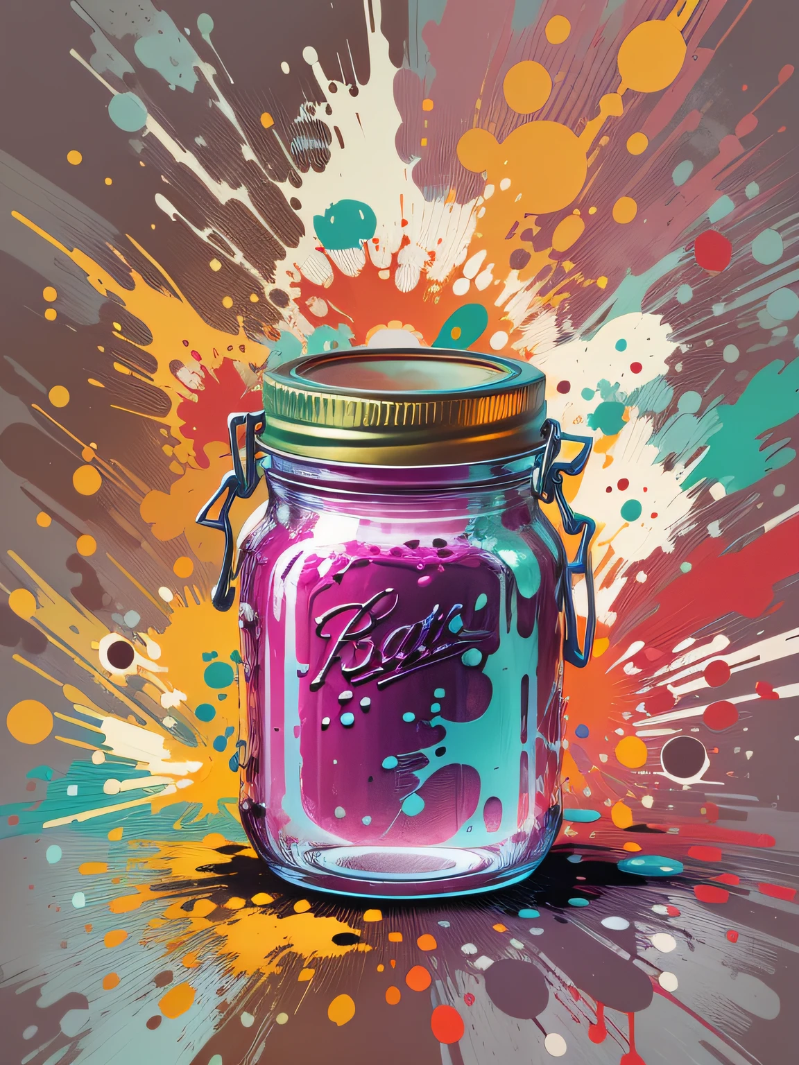 vector art, Colorful graffiti illustration of a jar of jam, in the center, Bright colors, paint splashes and blots, high detail, whitebackground