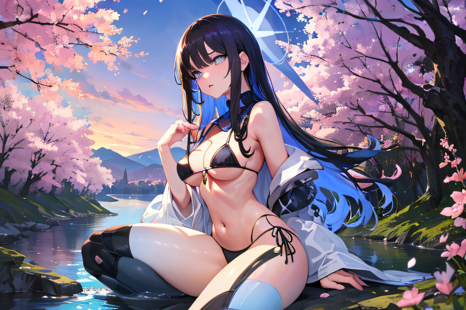 (NSTDA.:1.2), (10, beste-Qualit, master-piece: 1.4), ultra-high resolution, (lifelike, photorealistic portrait: 1.48), 20 age, Cute Girl, (See through the bikini beetle), Famous Japanese actors, beautiful clear eyes, G Cup Big Breasts, Head tilt., cowboy shot, from the side, looking at the audience, expressionless, Beautiful lake, Zeiss 150mm F/ 2.8 Hasselblad, Beautiful cherry blossom forest, Whole body, foot, Ultra-Wide Angle, The backyard is a beautiful sea.............................. ,