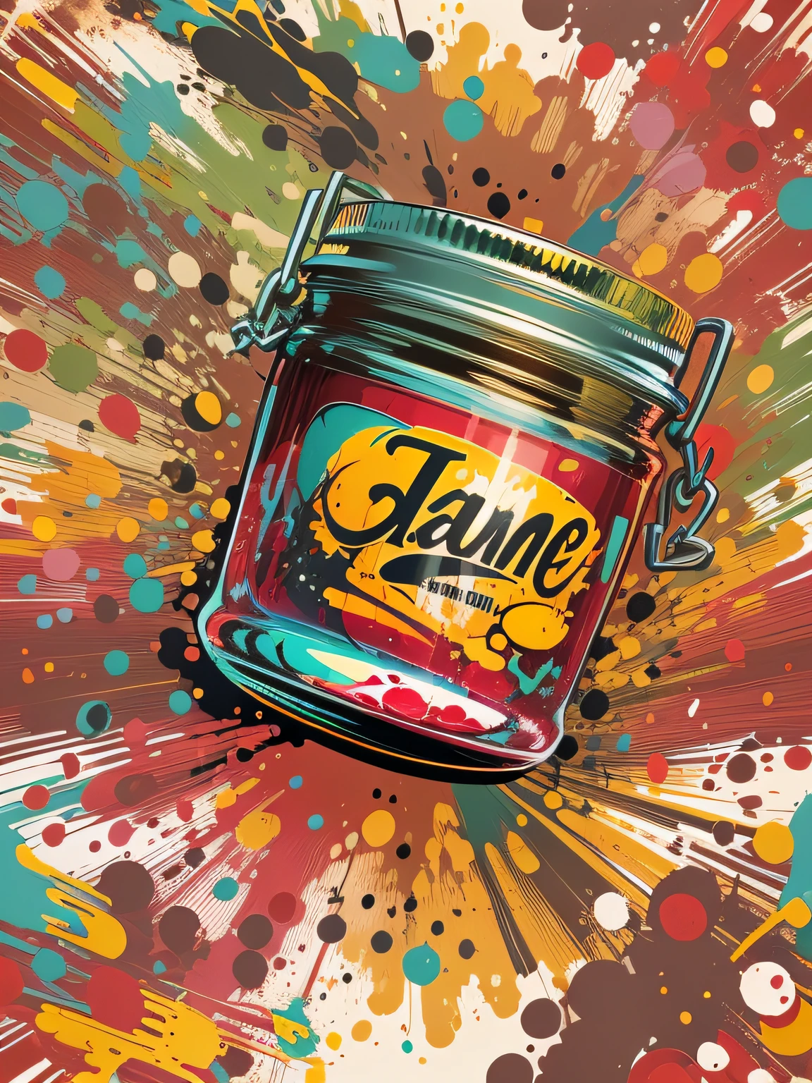 vector art, Colorful graffiti illustration of a jar of jam, in the center, Bright colors, paint splashes and blots, high detail, whitebackground