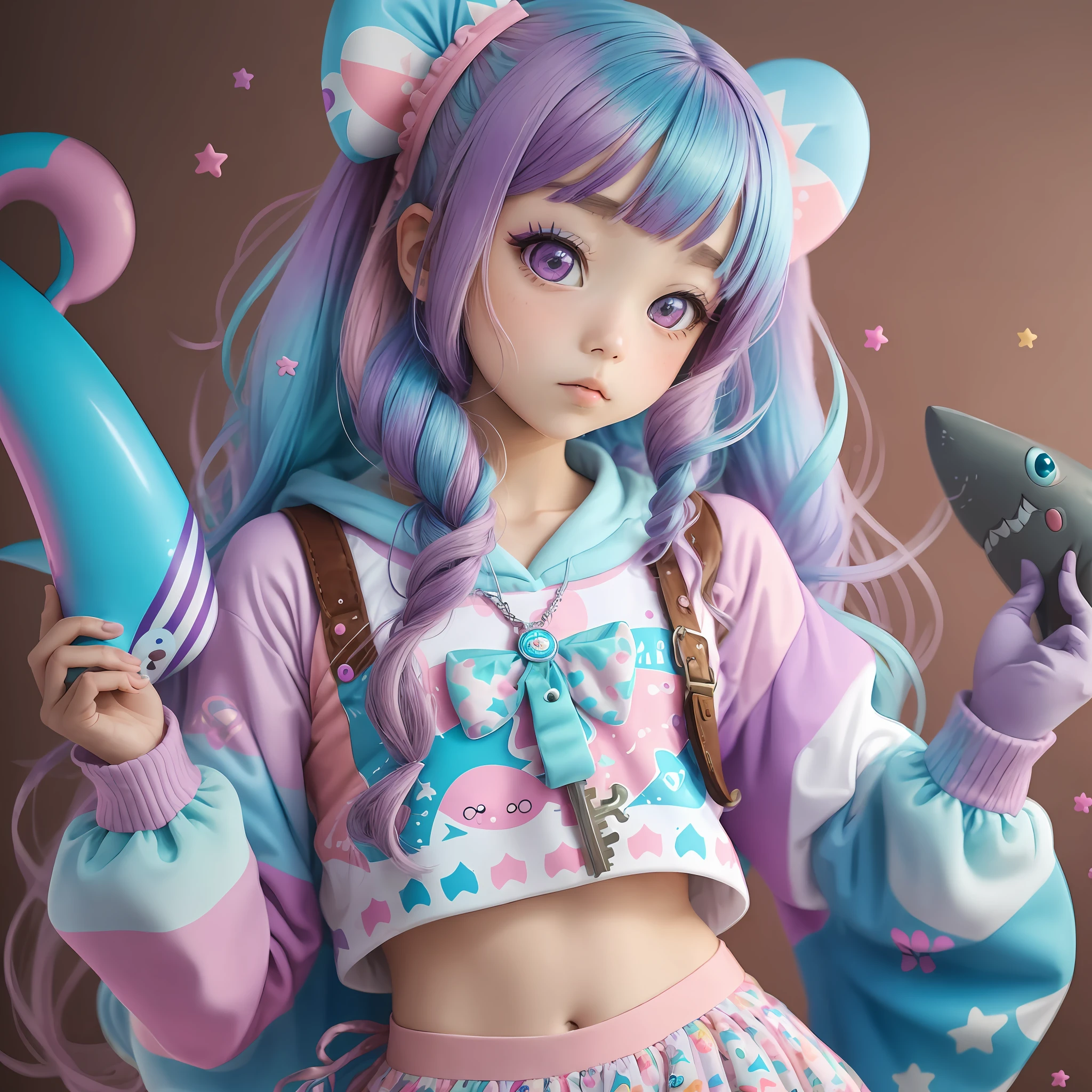 a girl in a colorful costume with a shark, in the style of fairy kei, mote kei, captivating gaze, pop inspo, light brown and purple, party key, seapunk --auto --s2