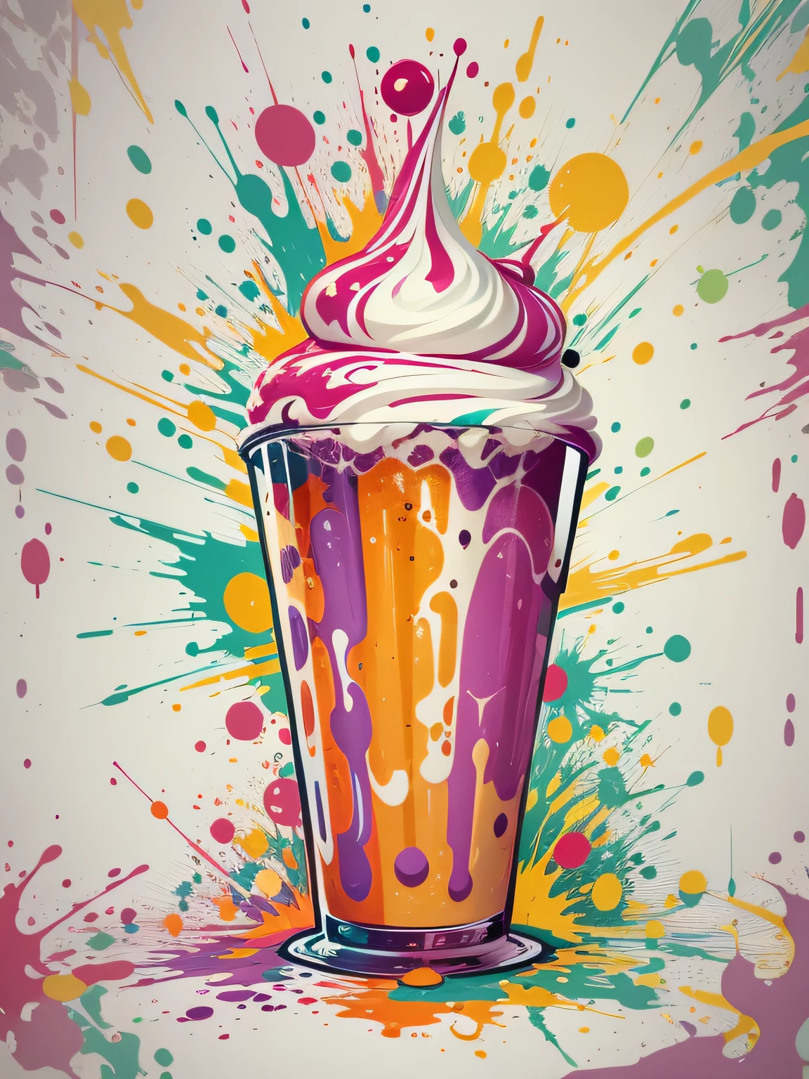 vector art, Colorful graffiti milkshake illustration, in the center, Bright colors, paint splashes and blots, high detail, whitebackground