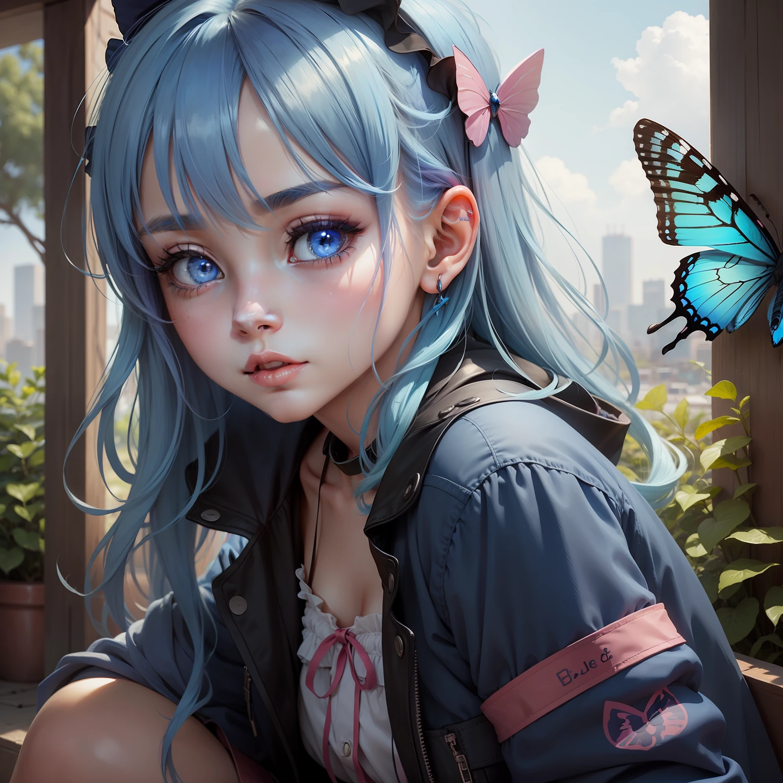 a girl, blue butterfly, blue hair, pink eyes