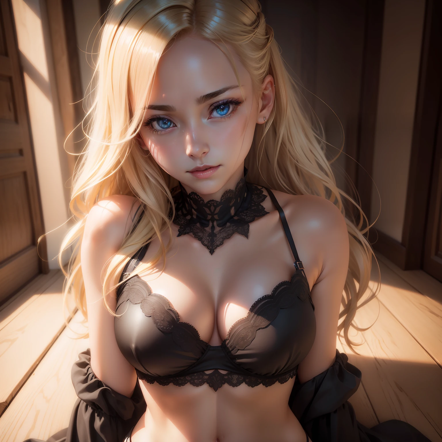 (Photorealistic:1.4), (masutepiece, side lights, finely detailed beautiful eye: 1.2), masutepiece*Portrait, Realistic, 3D Face, Glowing eyes, Shiny hair, Lustrous skin, Solo, embarrassed from, (Midriff), Black underwear, Blonde hair,teats