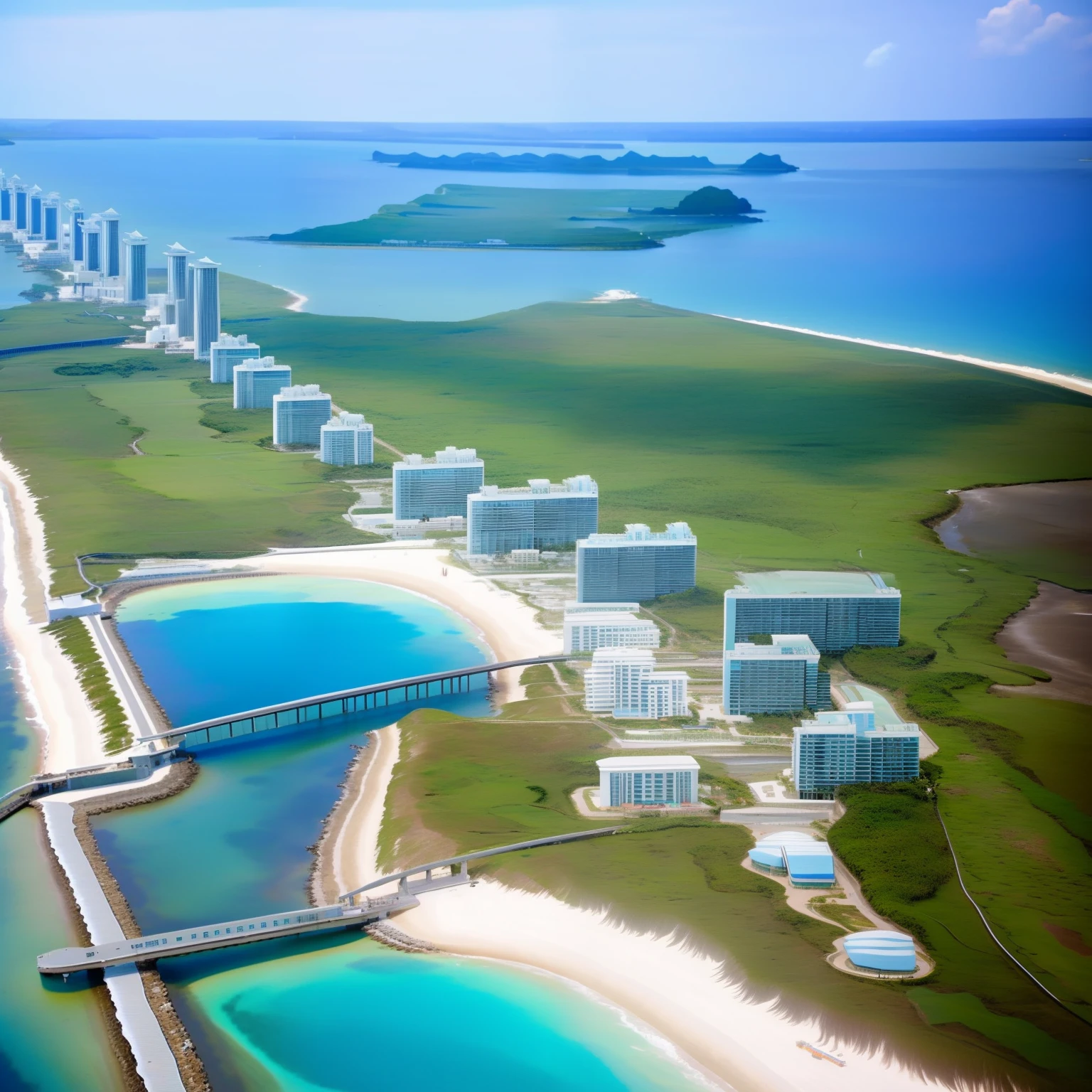 Long strip island、Coastal resorts、White high-rise building、sandbeach、environment friendly、Solar version、Wind power。