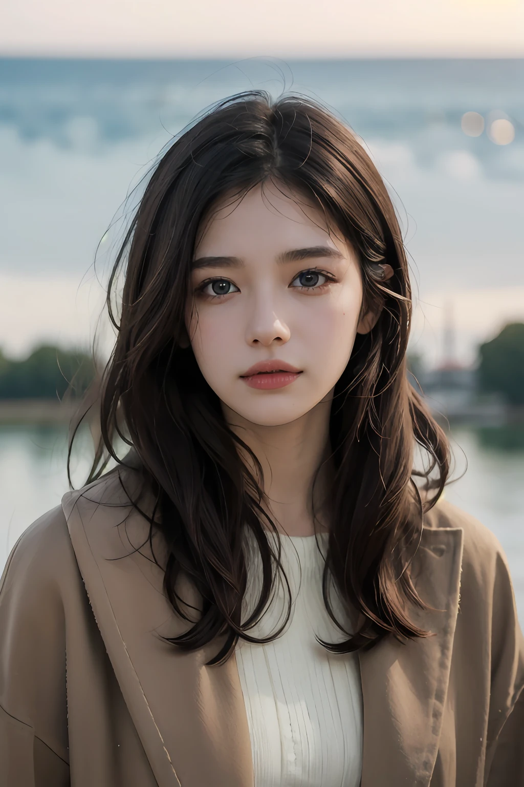 ((ultra-realistic realism+Pure),eyes with brightness,Wheat-colored skin),High-definition image quality,Dynamic tilt,High nose,Realistic details,Unity 8k壁纸,Super fine,A masterpiece of beauty,top-quality,tidal current,Sweet and lovely,Eiffel Tower background,coat large,Brown hair long,ssmile,full bodyesbian,Faraway view。