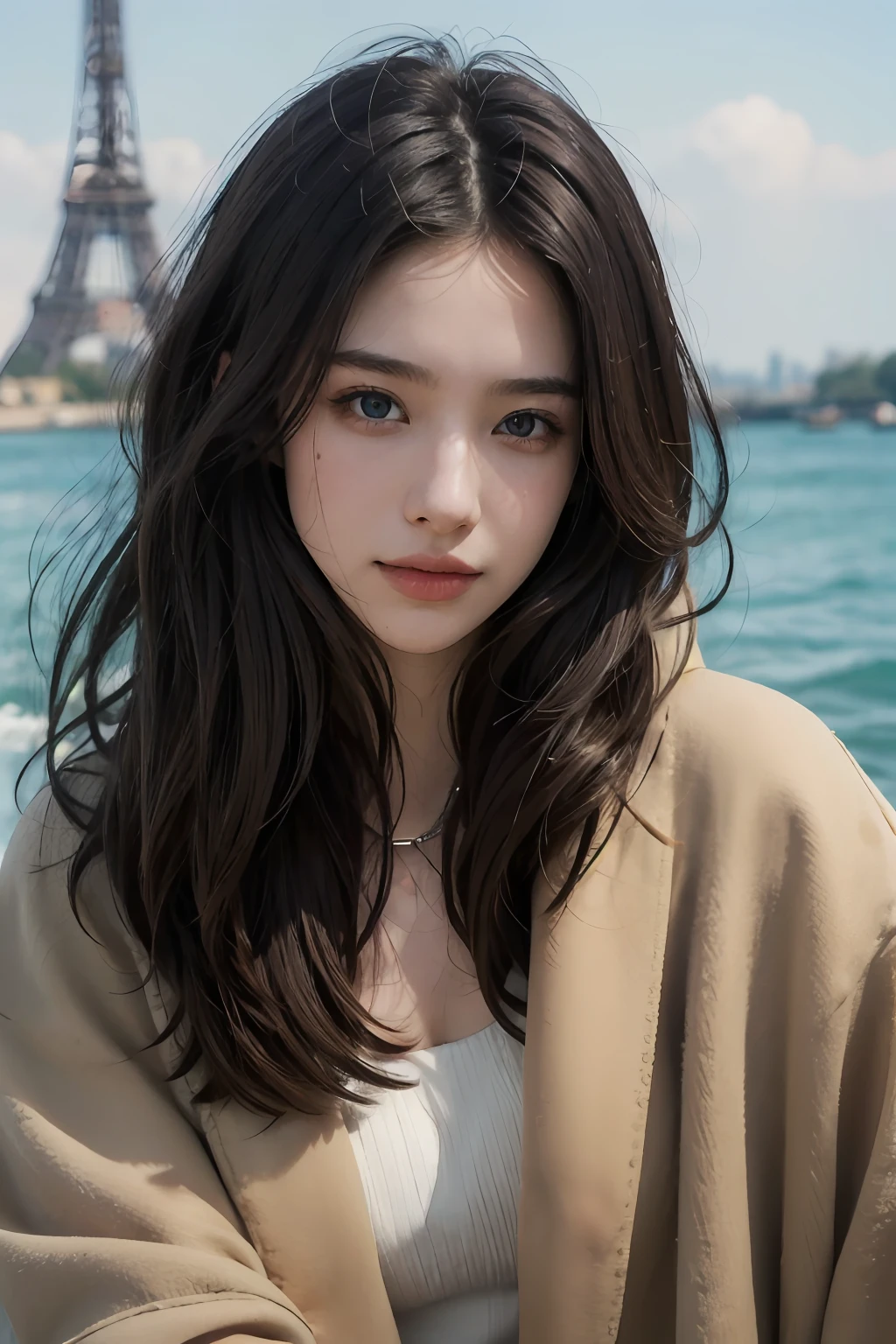 ((ultra-realistic realism+Pure),eyes with brightness,Wheat-colored skin),High-definition image quality,Dynamic tilt,High nose,Realistic details,Unity 8k壁纸,Super fine,A masterpiece of beauty,top-quality,tidal current,Sweet and lovely,Eiffel Tower background,coat large,Brown hair long,ssmile,full bodyesbian,Faraway view。