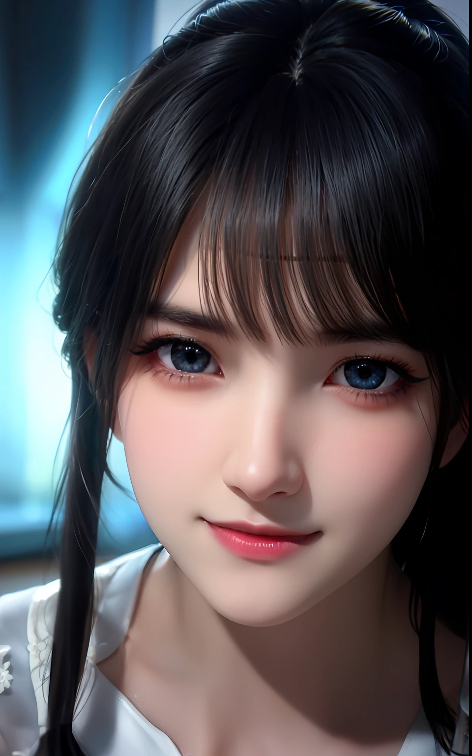 animesque、One Person１８Beautiful woman of age、Moist eyes like clear glass、Beautiful detailed woman, extremely detailed eye and face, Beautiful detailed eyes,　Moisturized eyes、ciri、a picture、androgynous hunnuman、oval jaw、Delicate features、Beautiful expression、The hair、Long bangs、long pony tail、Blue eyes with a beautiful glow、LDS Art