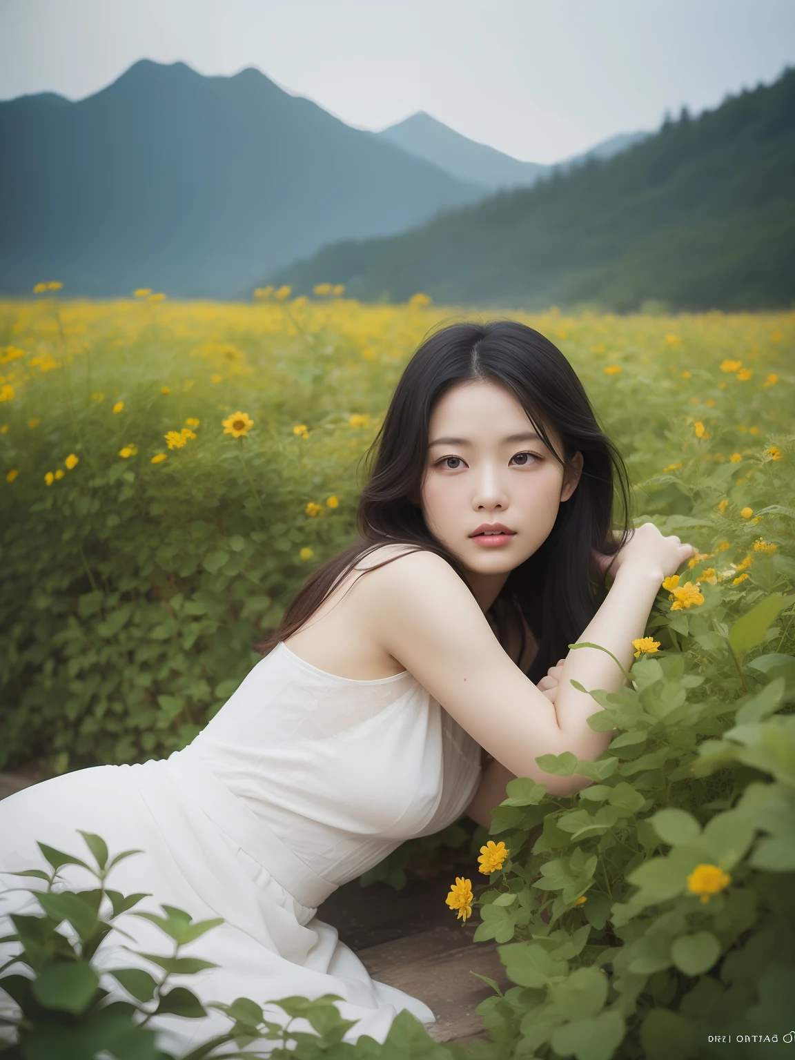 Chinese girls,(8k, RAW photo, best quality, masterpiece:1.2), (realistic, photo-realistic:1.37),1 girl, full body photo, black hair, flowing hair, hazy beauty, extremely beautiful facial features, white embroidered dress, hairpins on her head, lying in a flower bush, hand dragging chin, perfect hand, white flower, (spring, rainy day, terraces, mountains), simple vector art, contemporary Chinese art, soft light, entangled scarf, overlook