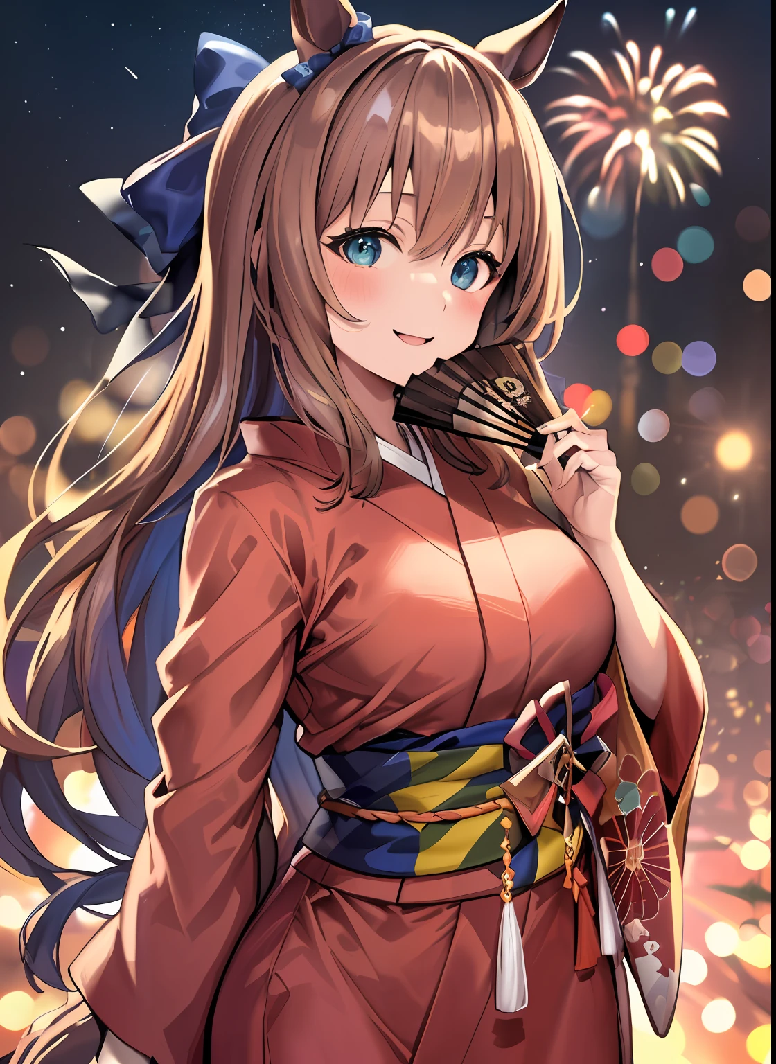 (masterpiece:1.2、top-quality)、(Beautiful Eyes of Details:1.2)、(the Extremely Detailed CG Unity 8K Wallpapers、masterpiece、top-quality、ultra-detailliert、Best Shadows)、(细致背景)、(beautifull detailed face、beatiful detailed eyes)、highly contrast、(The best lighting、extremely delicate and beautiful)、1girl in、
maruzensky \(Umamusume\),
((Red kimono))、 ((Geta), Gentle smile, Fireworks in the night sky, fireworks at background, 、((Kimono))、((Holding a fan in his hand))