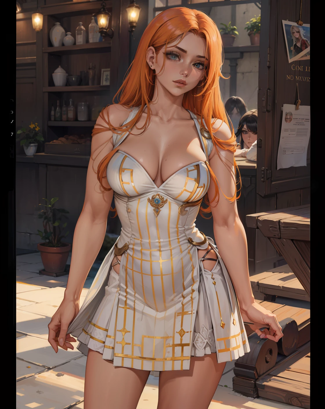 8k,master part, Qualidade BSET,Big, (1 girl), verde_olho, orange hair, cabelos longos, professional lighting, (pele brilhante: 1.2), grande brilhante, ((best quality)), foco nítido: 1.2, Textura altamente detalhada do rosto e da pele, Olhos detalhados, rosto perfeito, Corpo Perfeito, blur art, CG, Background Story, seios grandes, Presence (20 anos, rosto maduro, fresco e bonito), Usando ((vestir), coxa), corar, (Mittgal), randome pose, Top view, olho perfeito, cara de raiva