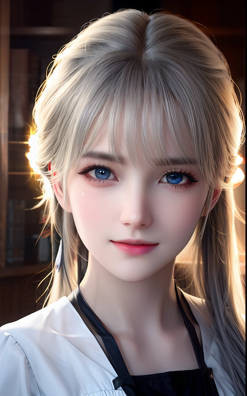animesque、One Person18Beautiful woman of age、Moist eyes like clear glass、Beautiful detailed woman, extremely detailed eye and face, Beautiful detailed eyes, Moisturized eyes、ciri、a picture、androgynous hunnuman、oval jaw、Delicate features、Beautiful expression、The hair、Long bangs、long pony tail、Blue eyes with a beautiful glow、LDS Art