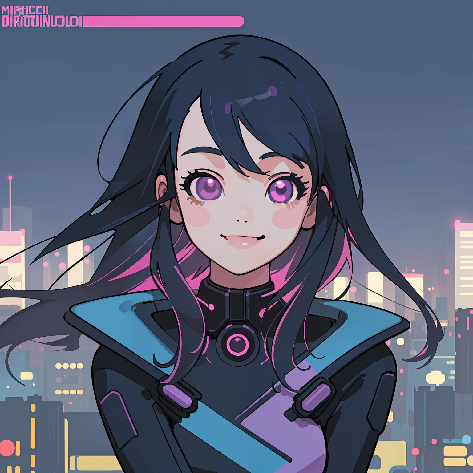masterpiece, best quality, 1girl, solo, (night), colorful, cityscape, cyberpunk, light smile, city pop, vector illustration