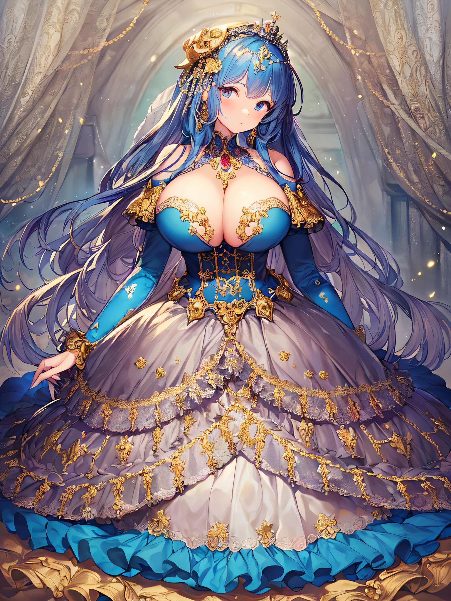((anime artstyle)),(Masterpiece),(Best Quality), (Super Detail),((Very Delicate and Beautiful)),((Solo)),((full body)),((1 princess in gorgeousfull rococo dress)),detailed face and eyes,jewel-like eyes,((voluminous Very Long Straight Hair)),((gigantic tits,Long tits)),skindentation,((gorgeousfull embroidery and lace)),gorgeous corsage,See-through,gorgeousfull hair ornament,gorgeousfull glitter jeweled tiara,ornate ruffles,((full body)),((hoop skirt,crinoline)),Dynamic Angle,Looking at viewer,(((gorgeous embroidery gorgeousfull rococo dress)),full body