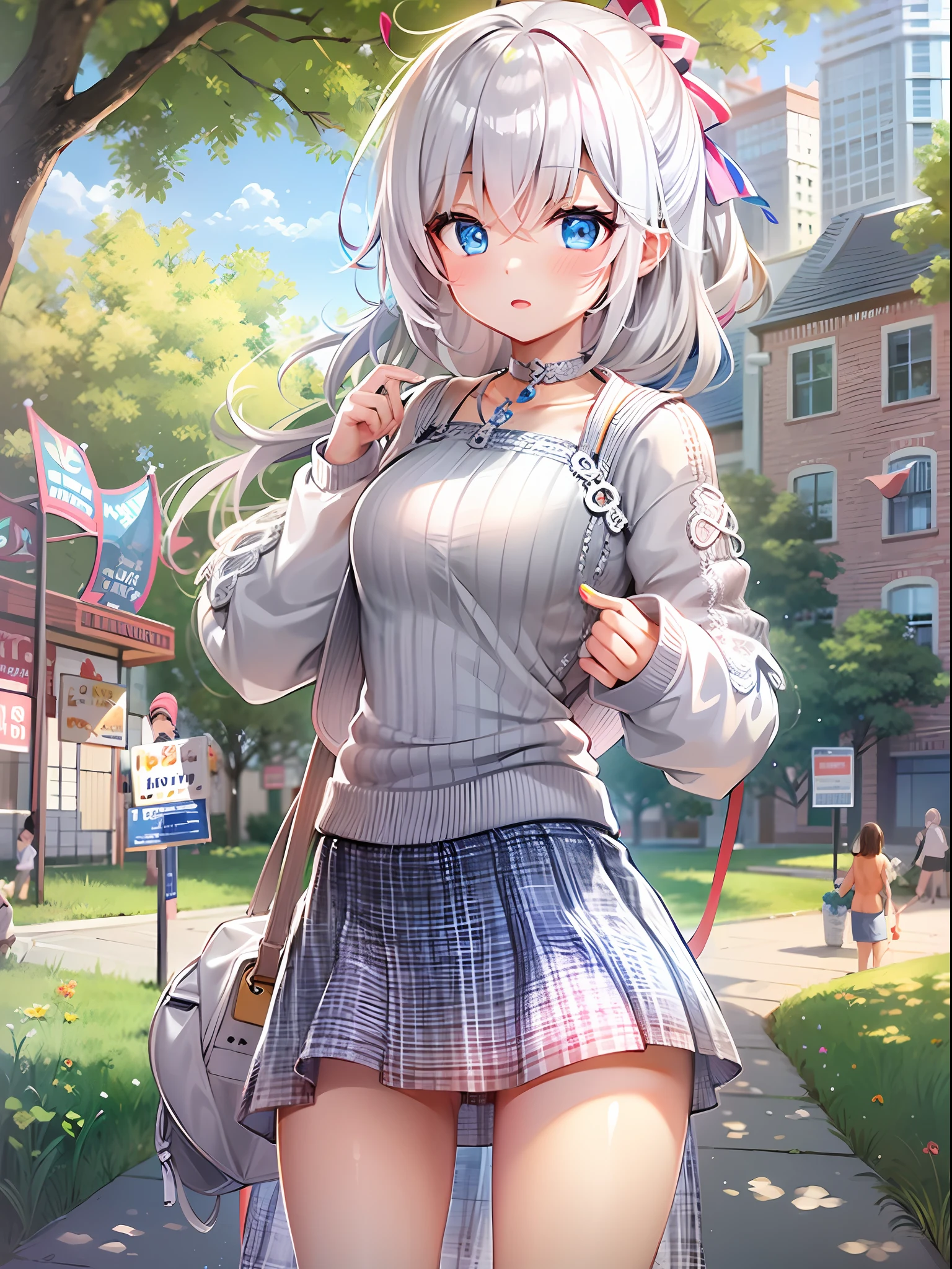 girl with,White medium hair,blue eyess,Center division,knit,The stomach is visible,a miniskirt,middlebreasts,beutiful breast,sunny afternoon,a park,poneyTail,Blushing,cute little,Best Quality