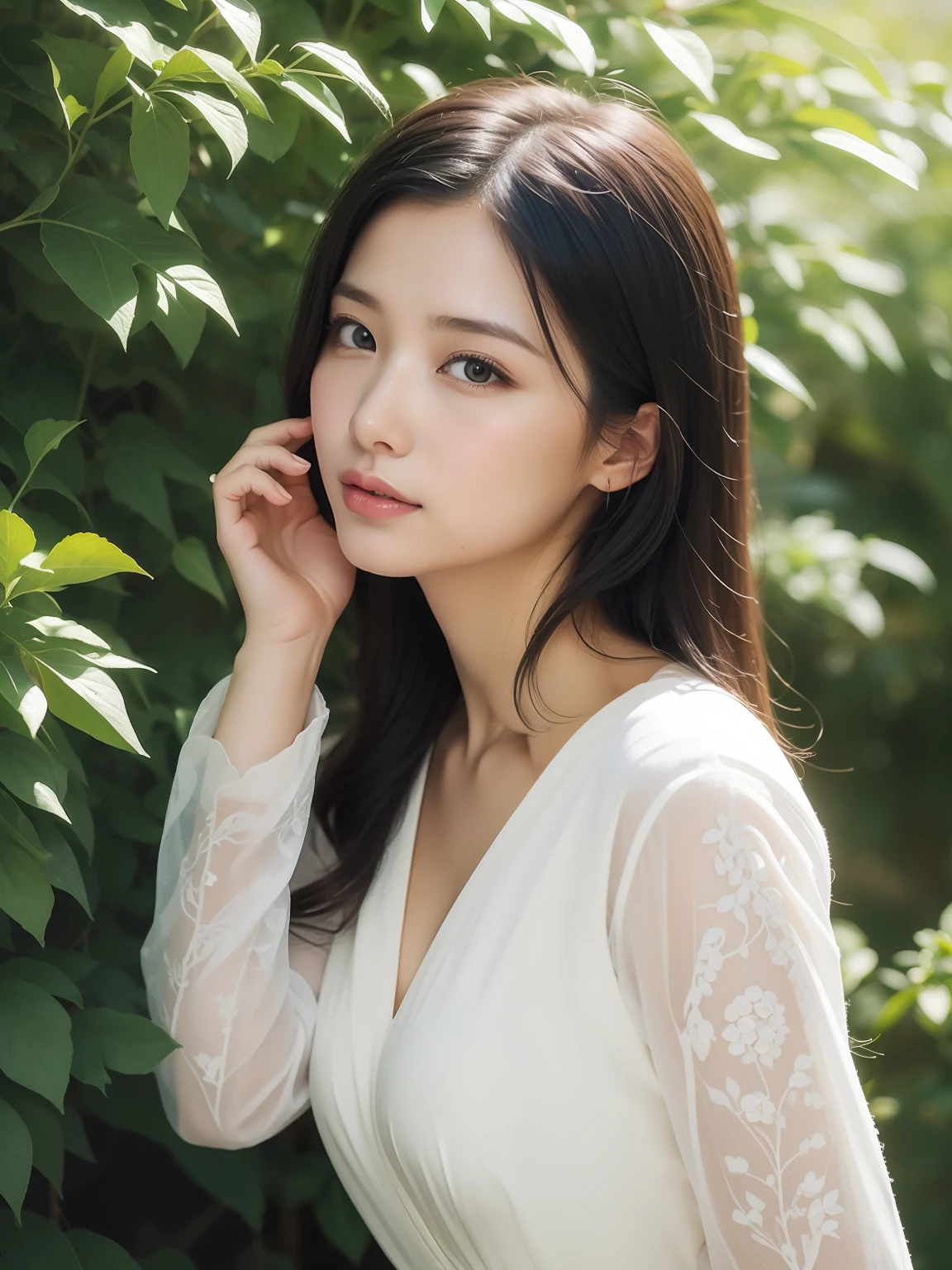 japanaese girl,(8k, RAW photo, best quality, masterpiece:1.2), (realistic, photo-realistic:1.37),1 girl, full body photo, black hair, flowing hair, hazy beauty, extremely beautiful facial features, white embroidered dress, hairpins on her head, lying in a flower bush, hand dragging chin, perfect hand, white flower, (spring, rainy day, terraces, mountains), simple vector art, contemporary Chinese art, soft light, entangled scarf, overlook