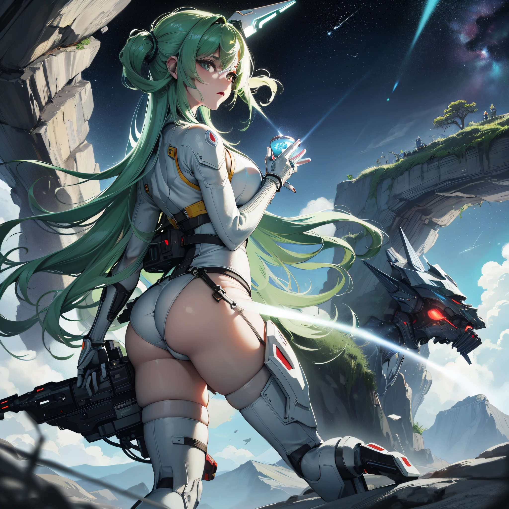 (35mmstyle:1.2), Highly detailed RAW color Photo, rear angle, full bodyesbian, af (Female space marine, Wearing a white and red spacesuit, futuristic helmet, Tin plated mask, Rebreathers, accentuated booty), Outdoors, (Stand on the cliffs of the tall Rocky Mountains, Gaze out over the magical lush green rainforest on an alien planet), vivd details, (Exotic alien planet), Toned body, big assa, (Sci-fi), (Mountains:1.1), (lush green vegetation), (two moons in sky:0.8), (Highly detailed, ultra - detailed, Intricate), (Lens flare:0.7), (full bloom:0.7), particle fx, Ray traching, Cinematic lighting, Shallow depth of field, photographed on a Sony a9 II, 35mm wide angle lens, Sharp focus, 《Gravity 2013》cinematic Film still from, Watching from behind, Dynamic Angle